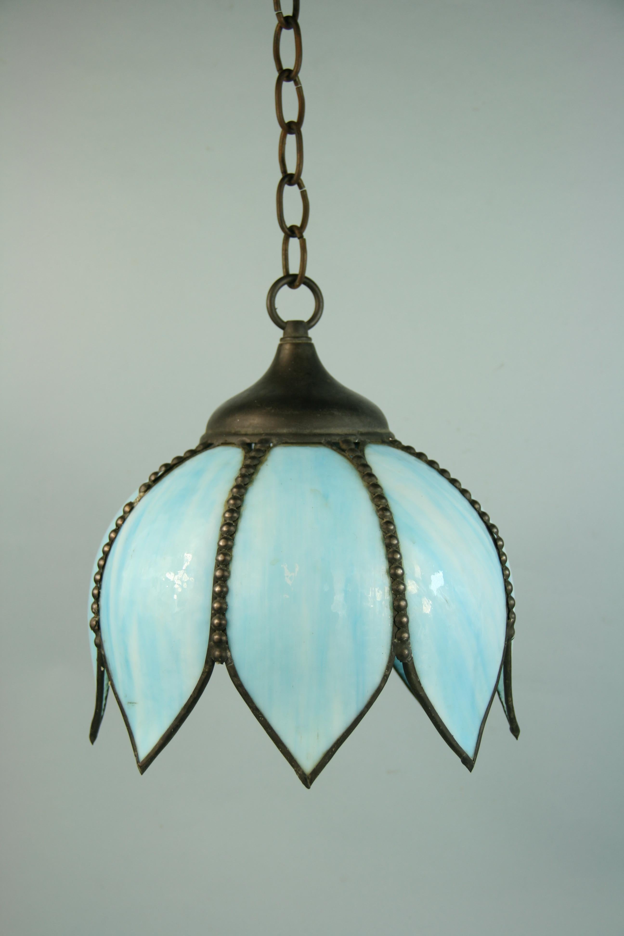 Blue Tulip Glass Pendant '2 Available' In Good Condition For Sale In Douglas Manor, NY