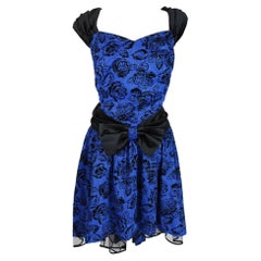 Vintage Blue Tulle Satin Floral Ceremony Artisanal Rockabilly Short Dress 1980S
