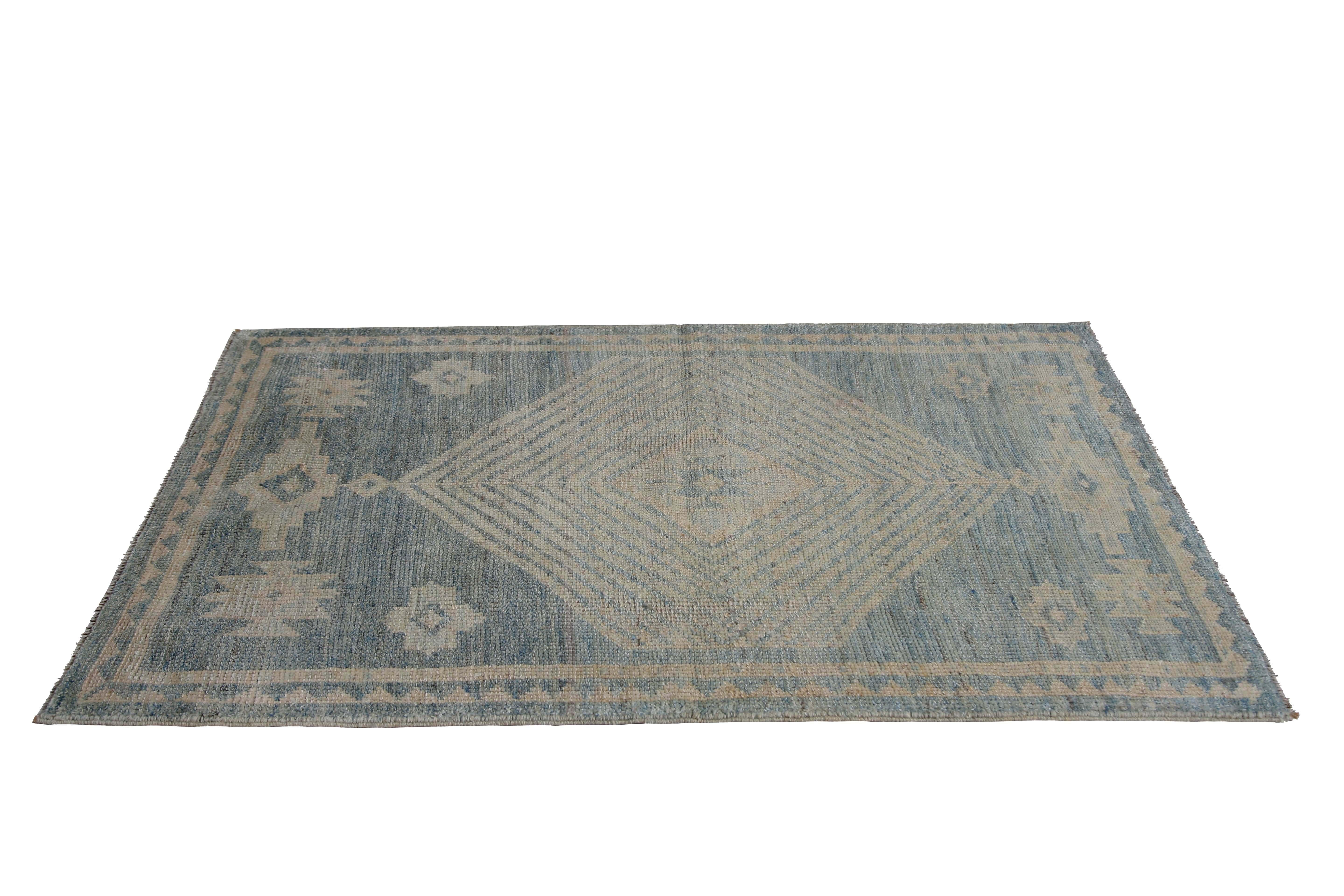 Contemporary Blue Turkish Oushak Runner Rug For Sale