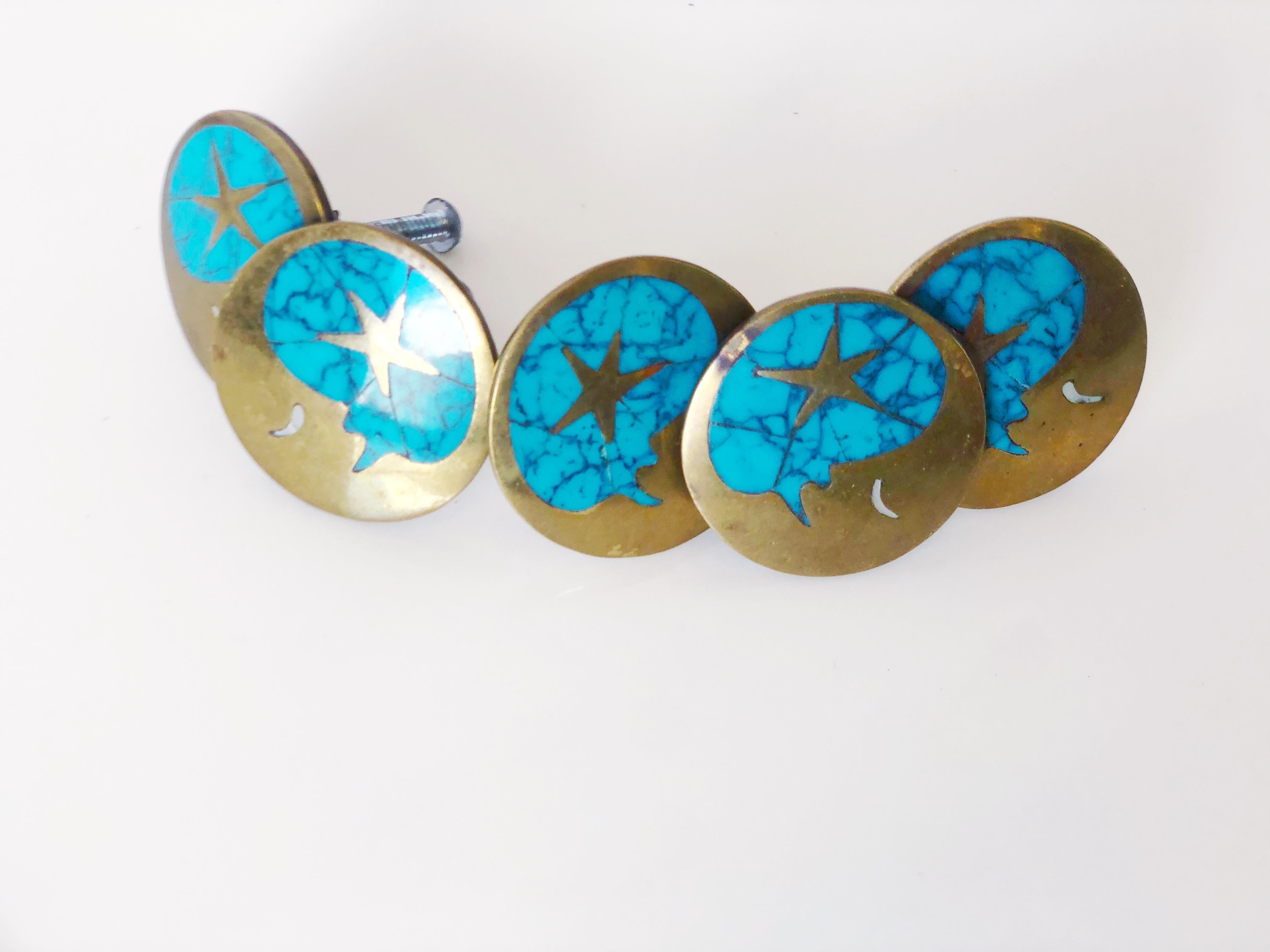 Mid-Century Modern Vintage Blue Turquoise and Brass Drawer Pulls by Los Castillos, Mexico, c. 1960s