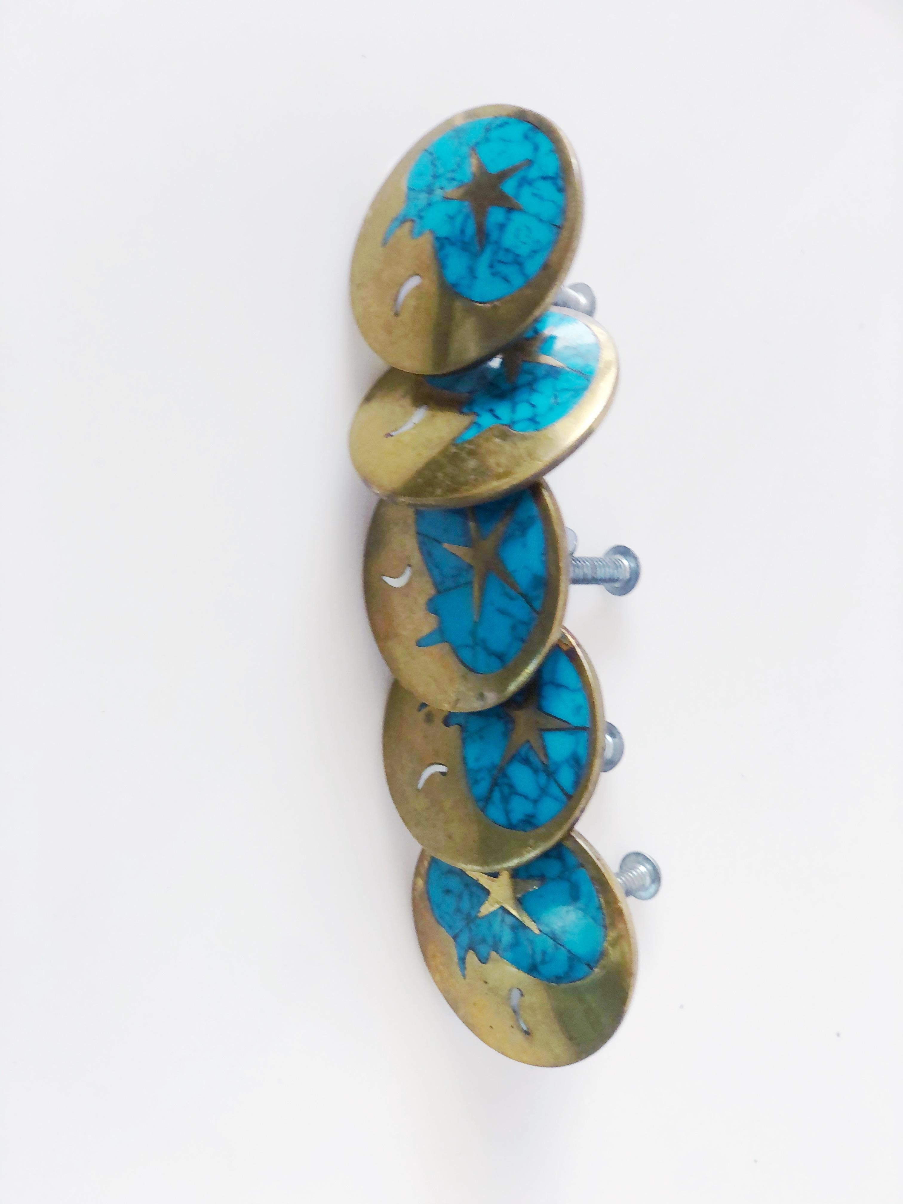 Mexican Vintage Blue Turquoise and Brass Drawer Pulls by Los Castillos, Mexico, c. 1960s