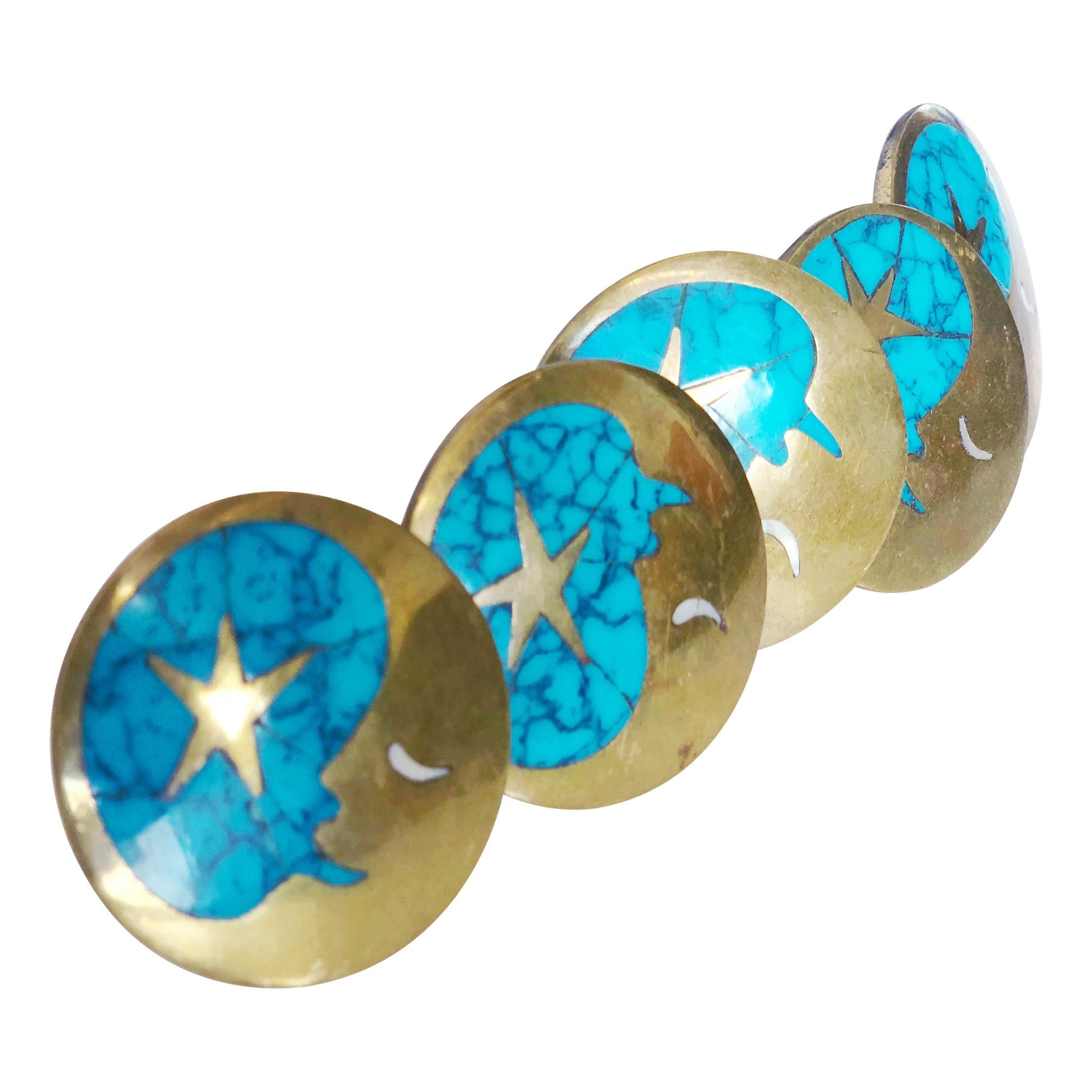Vintage Blue Turquoise and Brass Drawer Pulls by Los Castillos, Mexico, c. 1960s