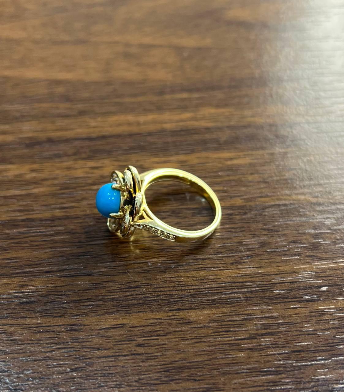 Round Cut Blue Turquoise Black Onyx White Diamonds Pave Set 14K Yellow Gold Flower Ring For Sale