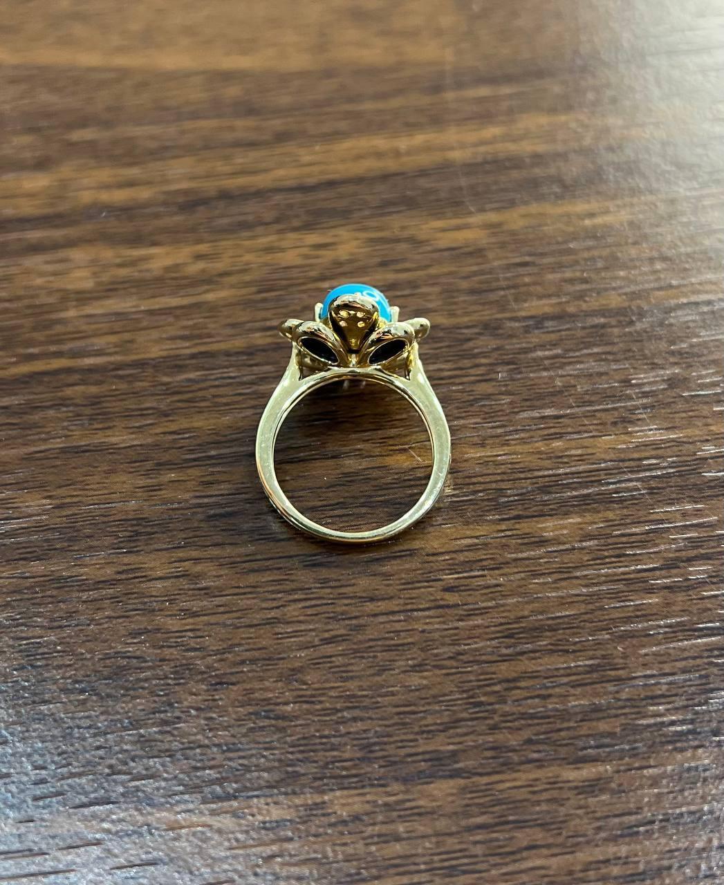 Blue Turquoise Black Onyx White Diamonds Pave Set 14K Yellow Gold Flower Ring In New Condition For Sale In Oakton, VA