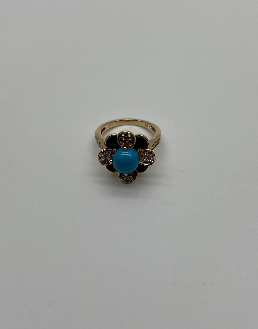 Blue Turquoise Black Onyx White Diamonds Pave Set 14K Yellow Gold Flower Ring For Sale 1