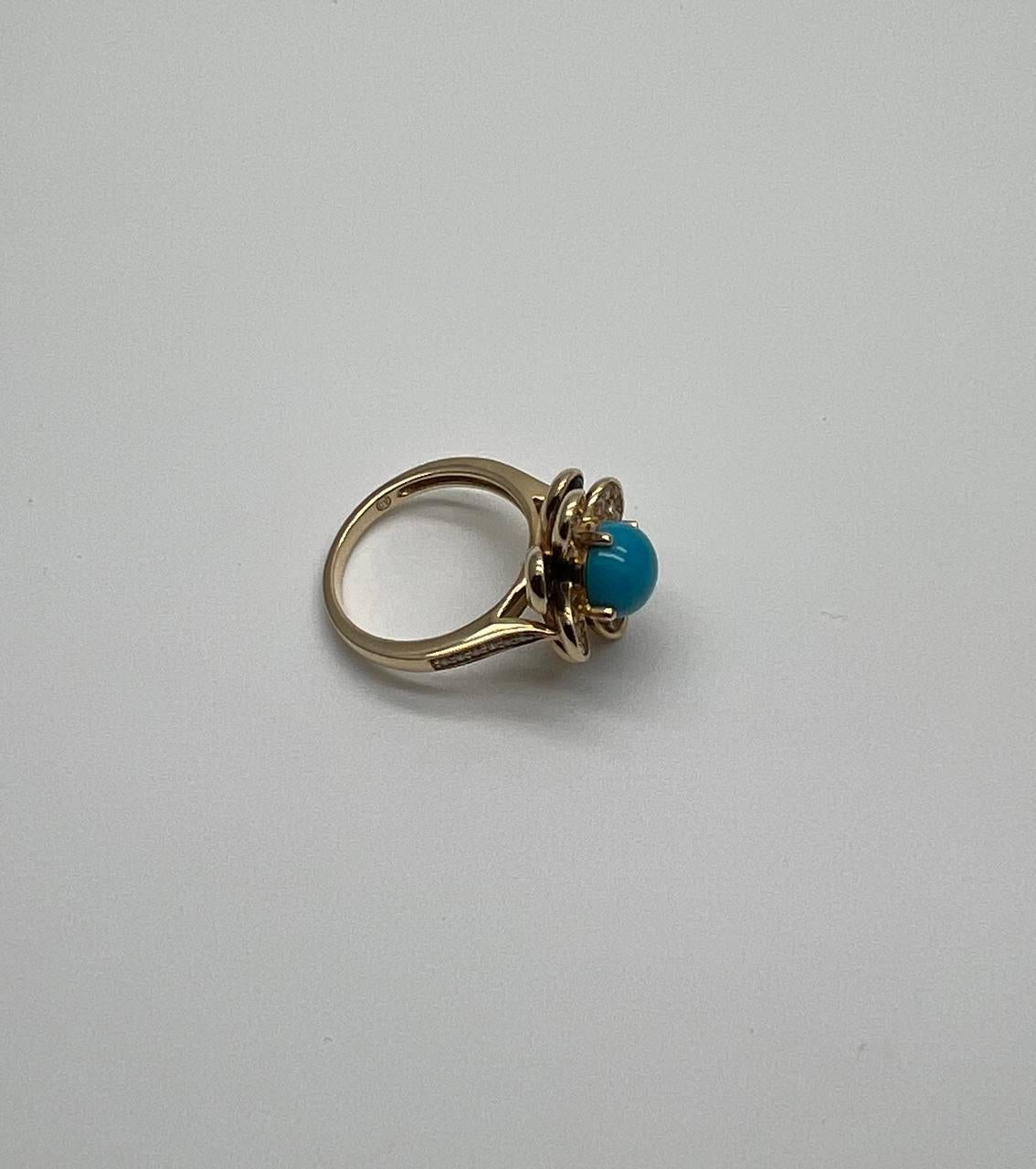 Blue Turquoise Black Onyx White Diamonds Pave Set 14K Yellow Gold Flower Ring For Sale 2