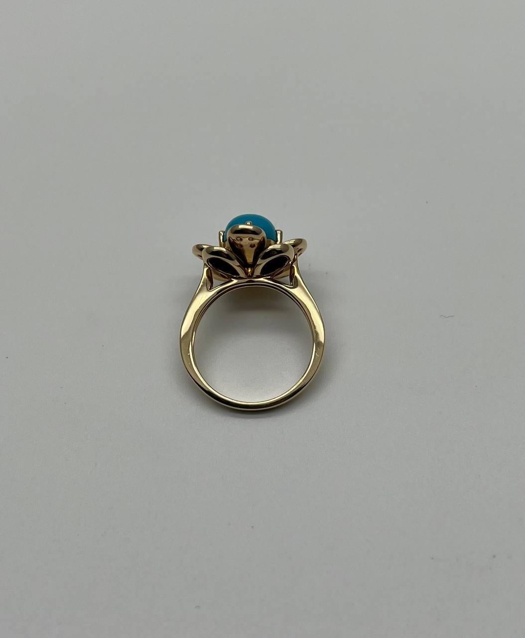 Blue Turquoise Black Onyx White Diamonds Pave Set 14K Yellow Gold Flower Ring For Sale 3