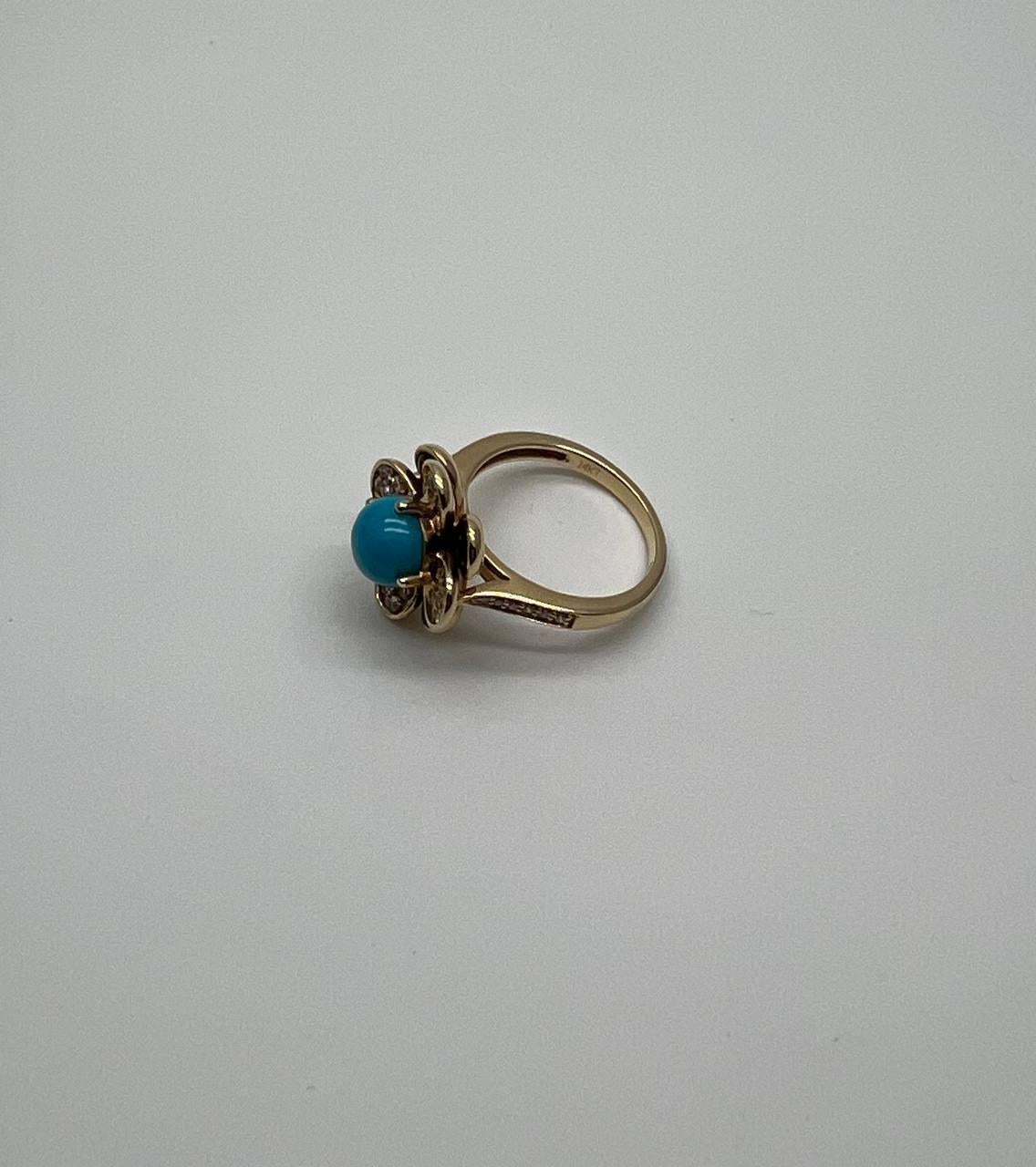 Blue Turquoise Black Onyx White Diamonds Pave Set 14K Yellow Gold Flower Ring For Sale 4