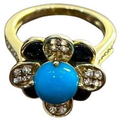 Blue Turquoise Black Onyx White Diamonds Pave Set 14K Yellow Gold Flower Ring