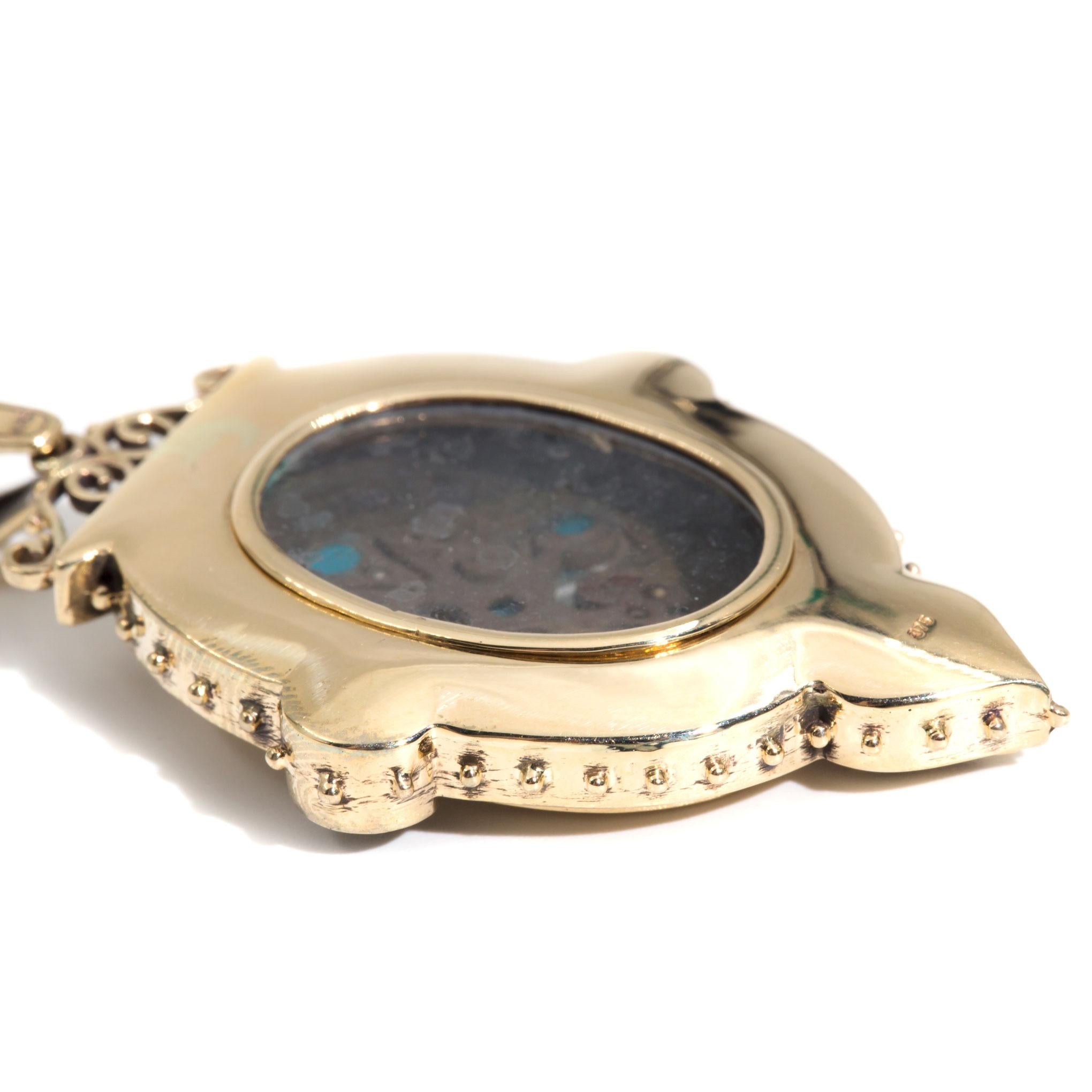 Blue Turquoise Cabochon and Seed Pearl Vintage Pendant in 9 Carat Yellow Gold 2