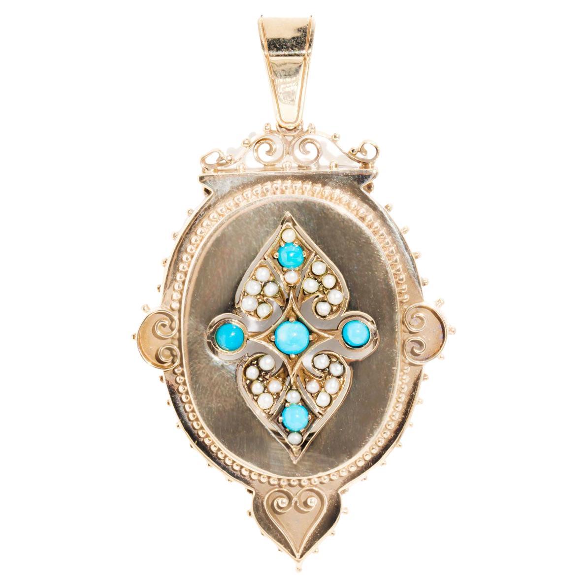 Blue Turquoise Cabochon and Seed Pearl Vintage Pendant in 9 Carat Yellow Gold