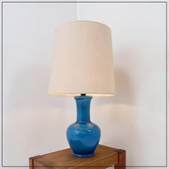 Blue Turquoise Ceramic Table Lamp, Vintage 1960s, With Original Shade