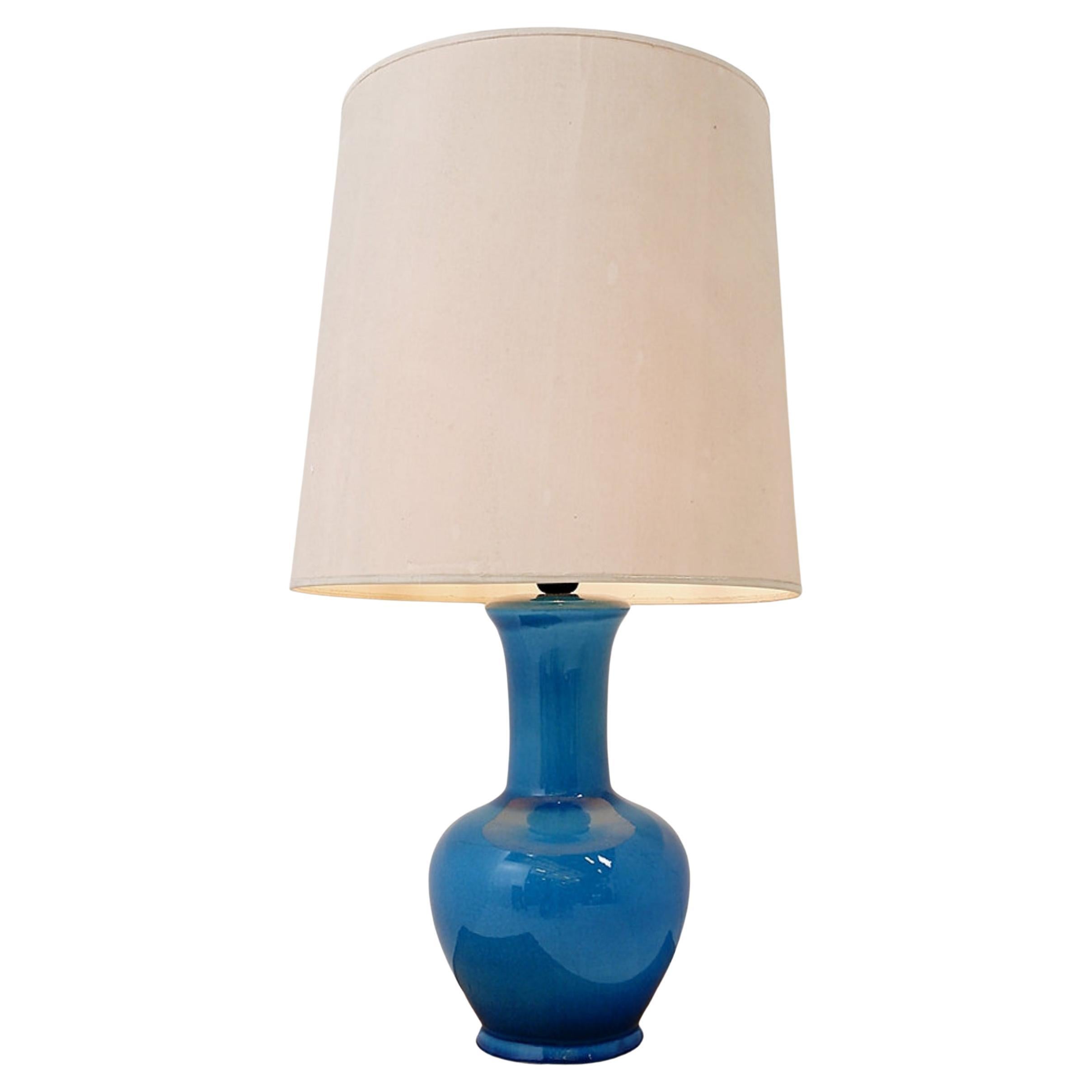 Blue Turquoise Ceramic Table Lamp, Vintage 1960s, With Original Shade