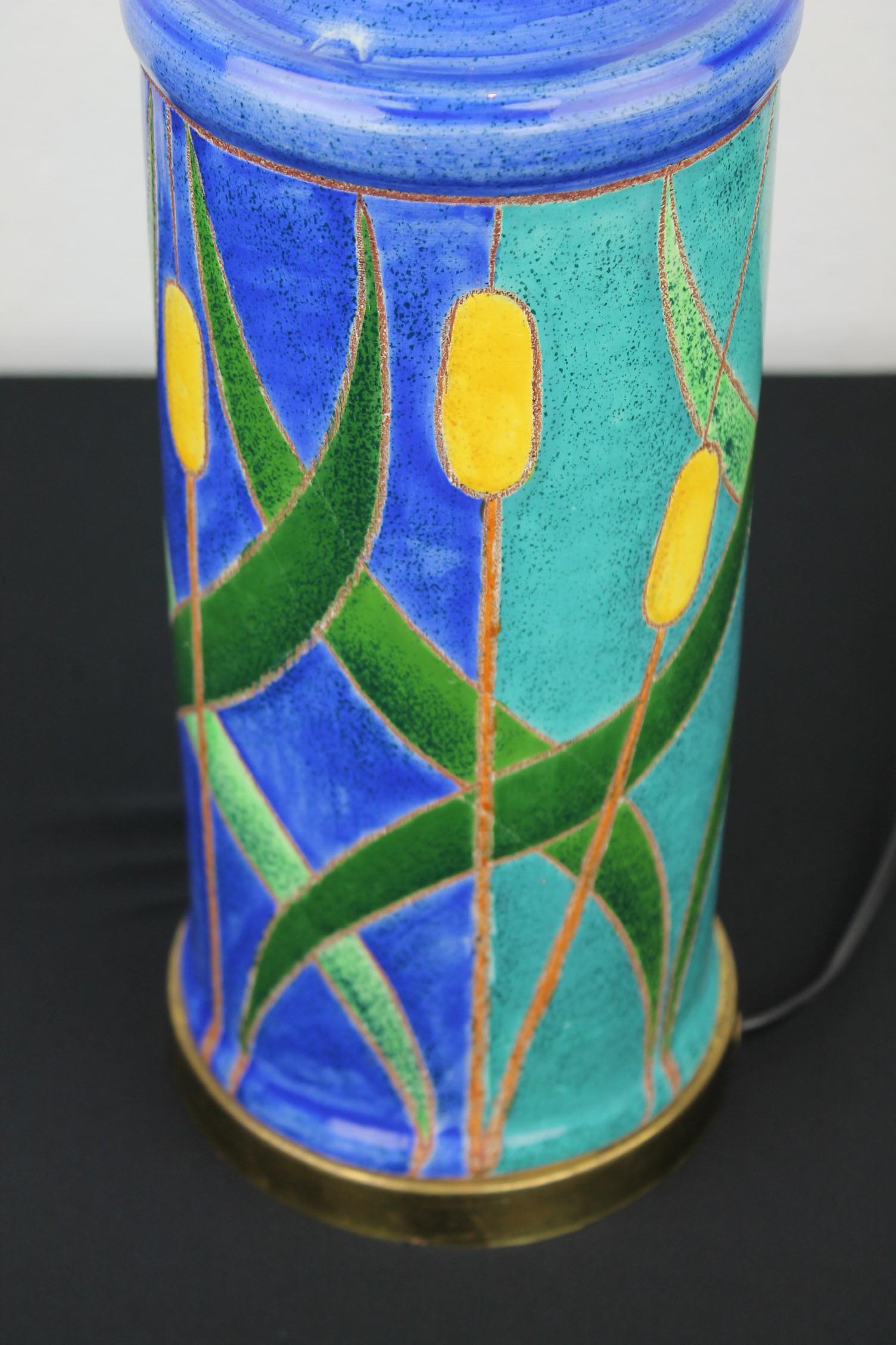 Blue Turquoise Ceramic Table Lamp with Cattail, 1970s For Sale 4