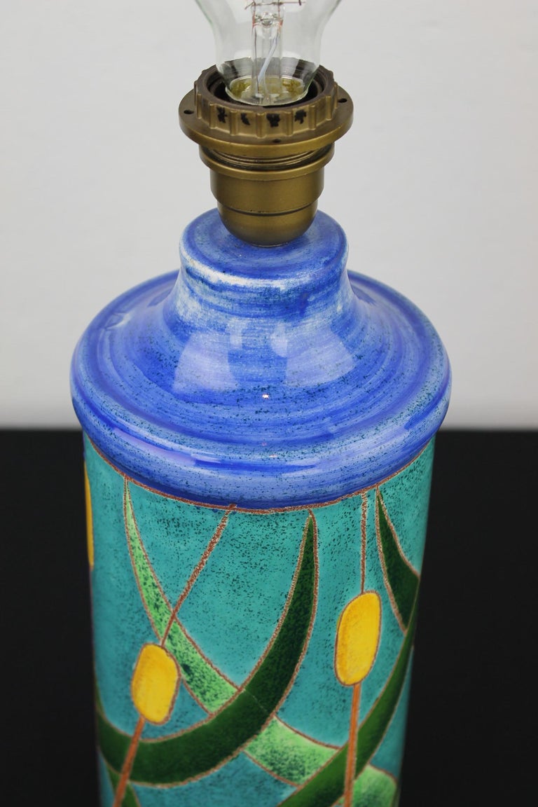 Blue Turquoise Ceramic Table Lamp with Cattail, 1970s For Sale 4