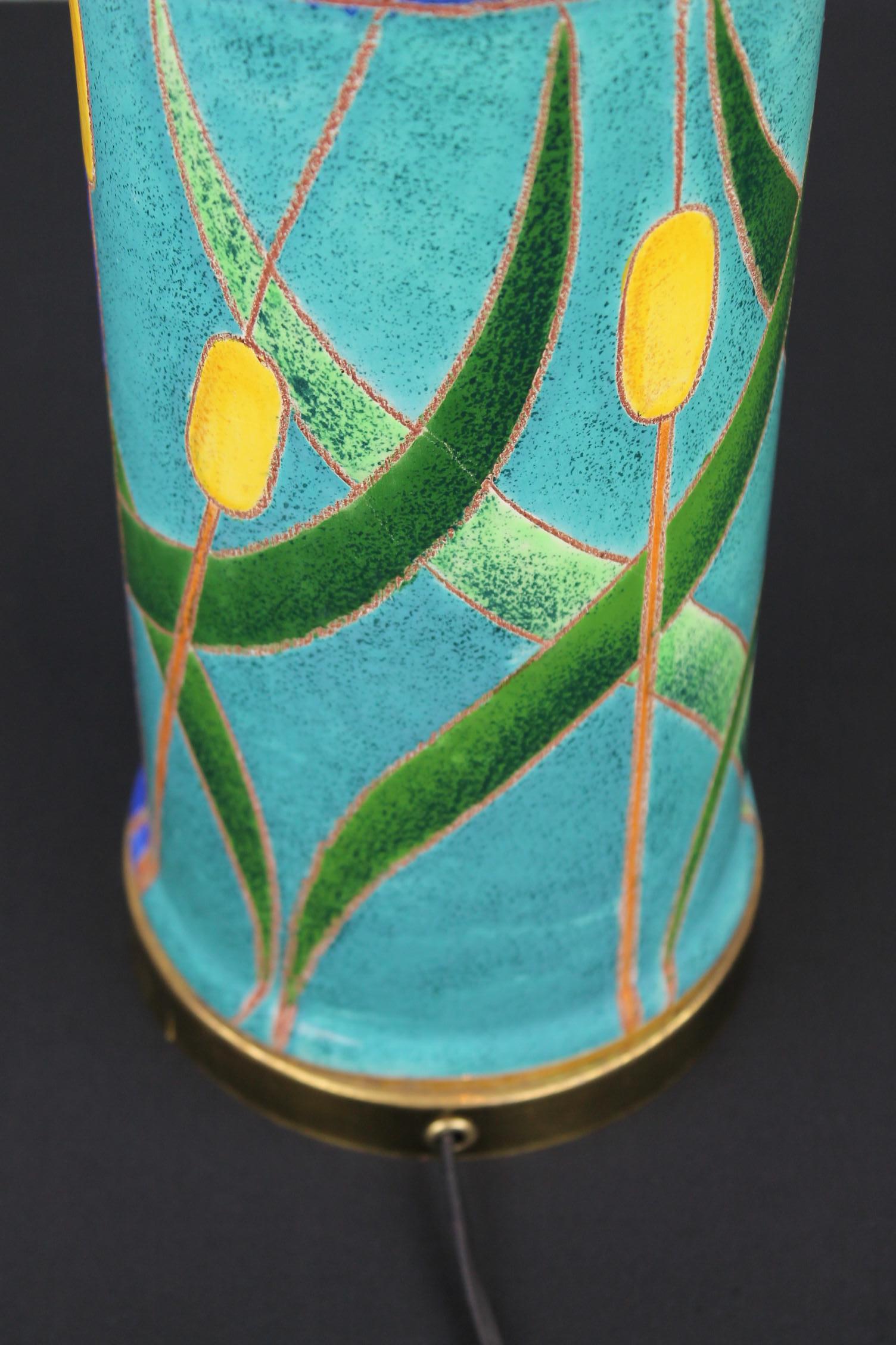 Blue Turquoise Ceramic Table Lamp with Cattail, 1970s For Sale 6