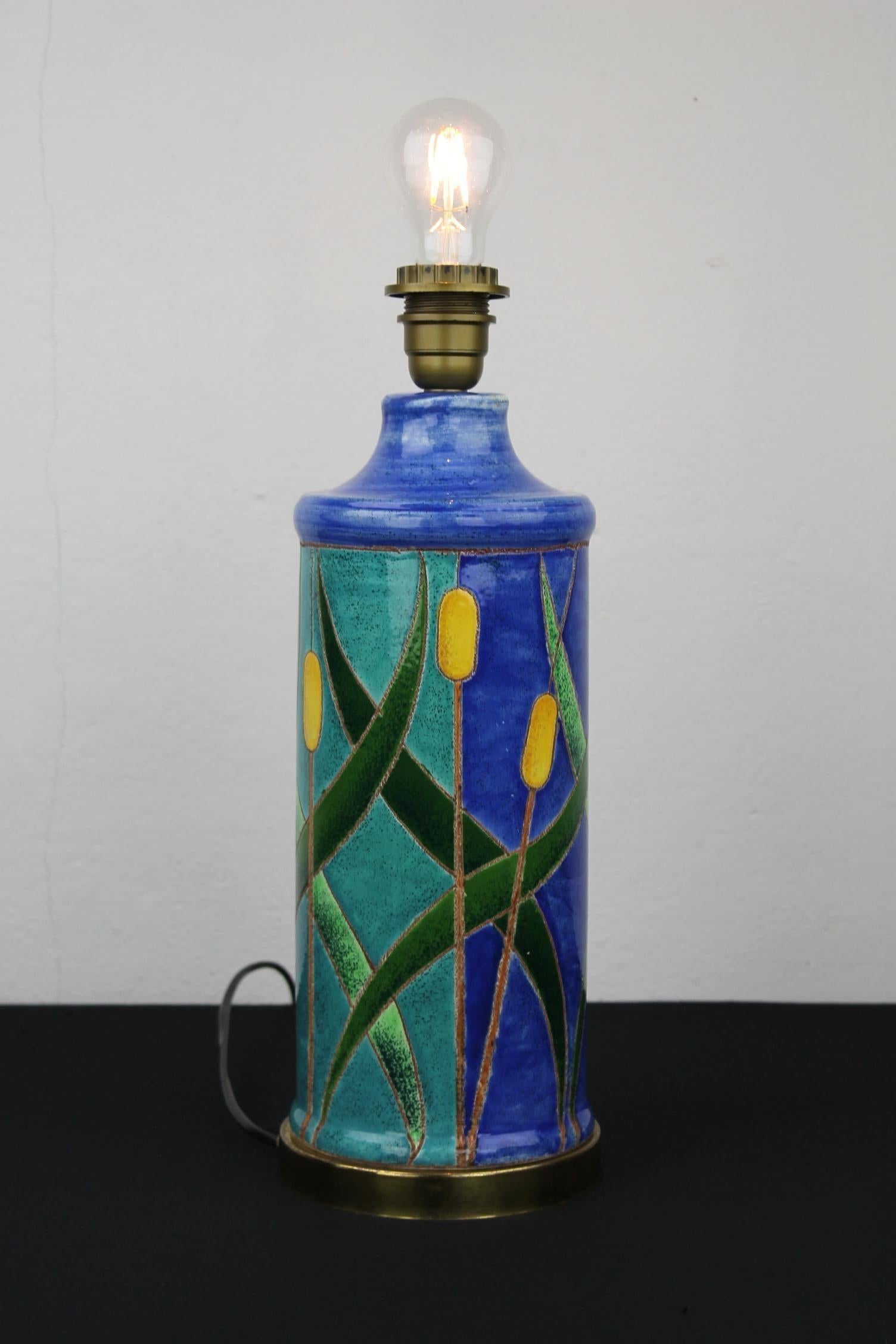 Blue Turquoise Ceramic Table Lamp with Cattail, 1970s For Sale 9