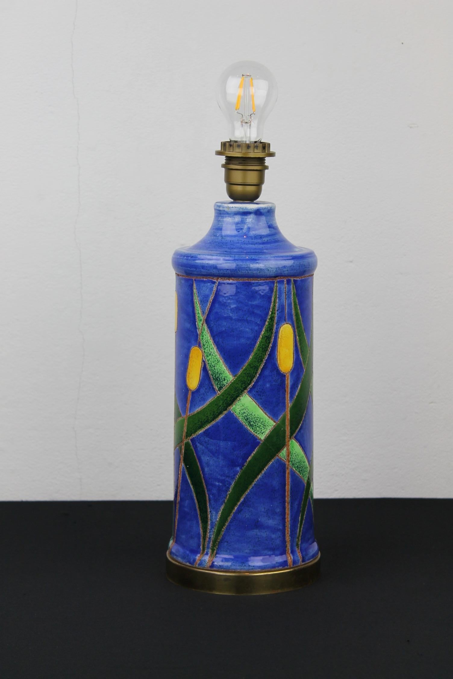 Blue Turquoise Ceramic Table Lamp with Cattail, 1970s 11