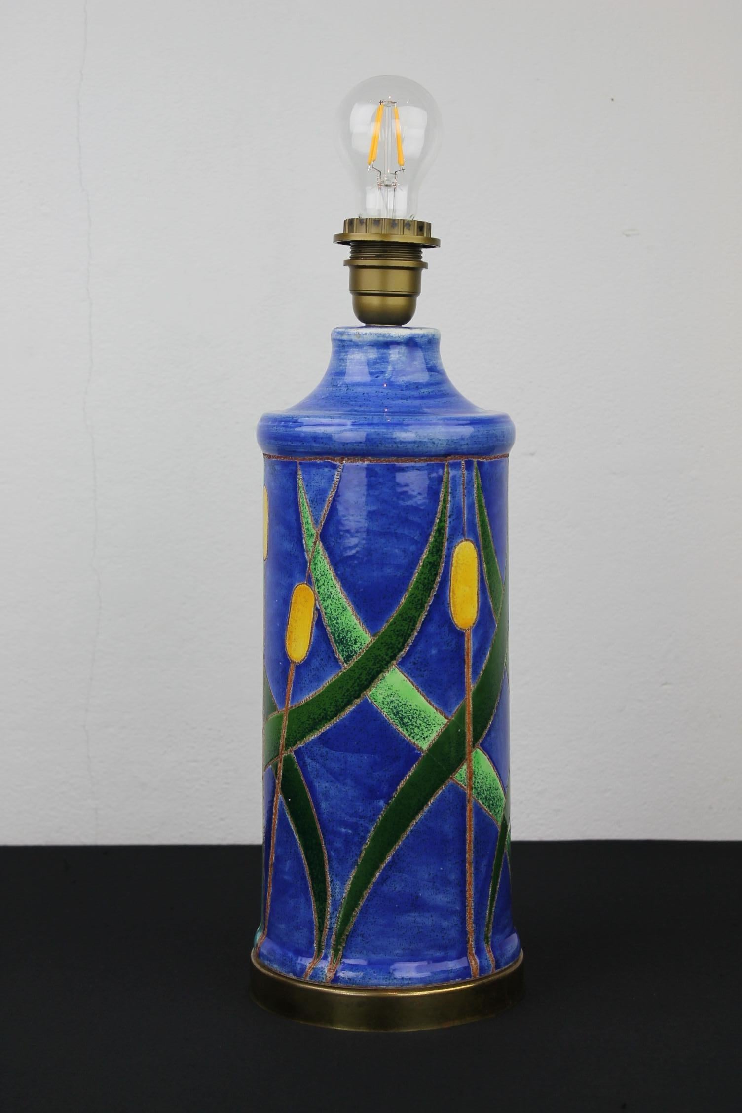 Blue Turquoise Ceramic Table Lamp with Cattail, 1970s In Good Condition For Sale In Retie, BE