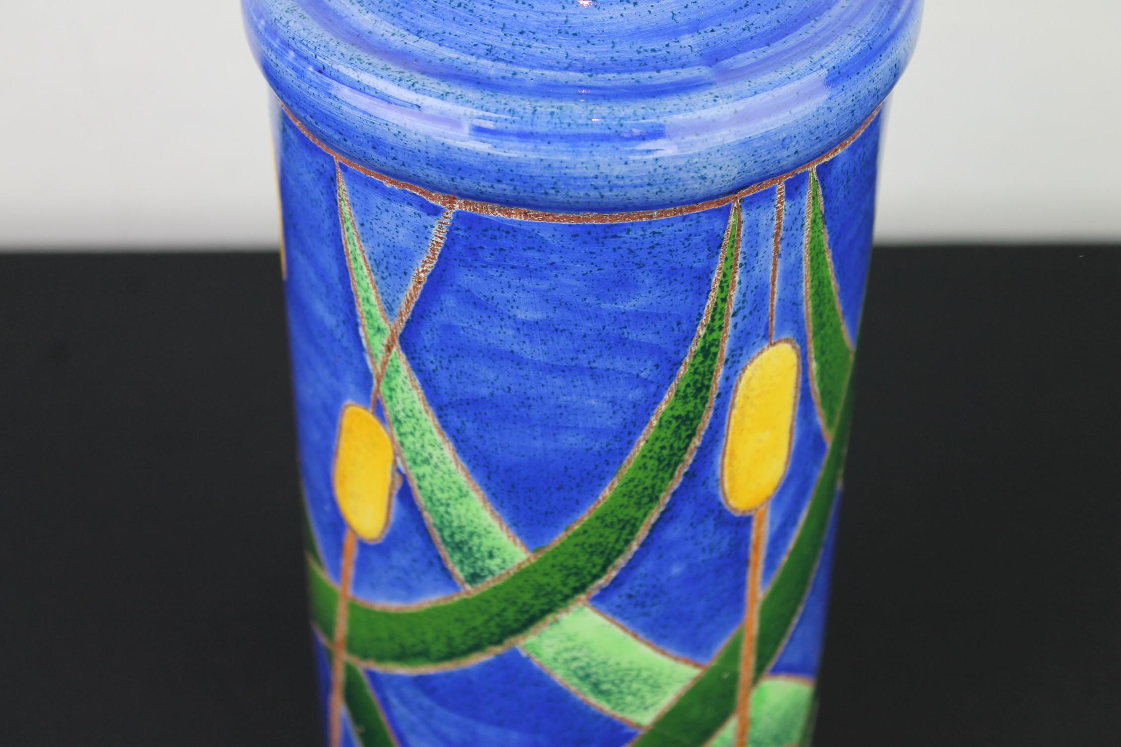 Brass Blue Turquoise Ceramic Table Lamp with Cattail, 1970s For Sale