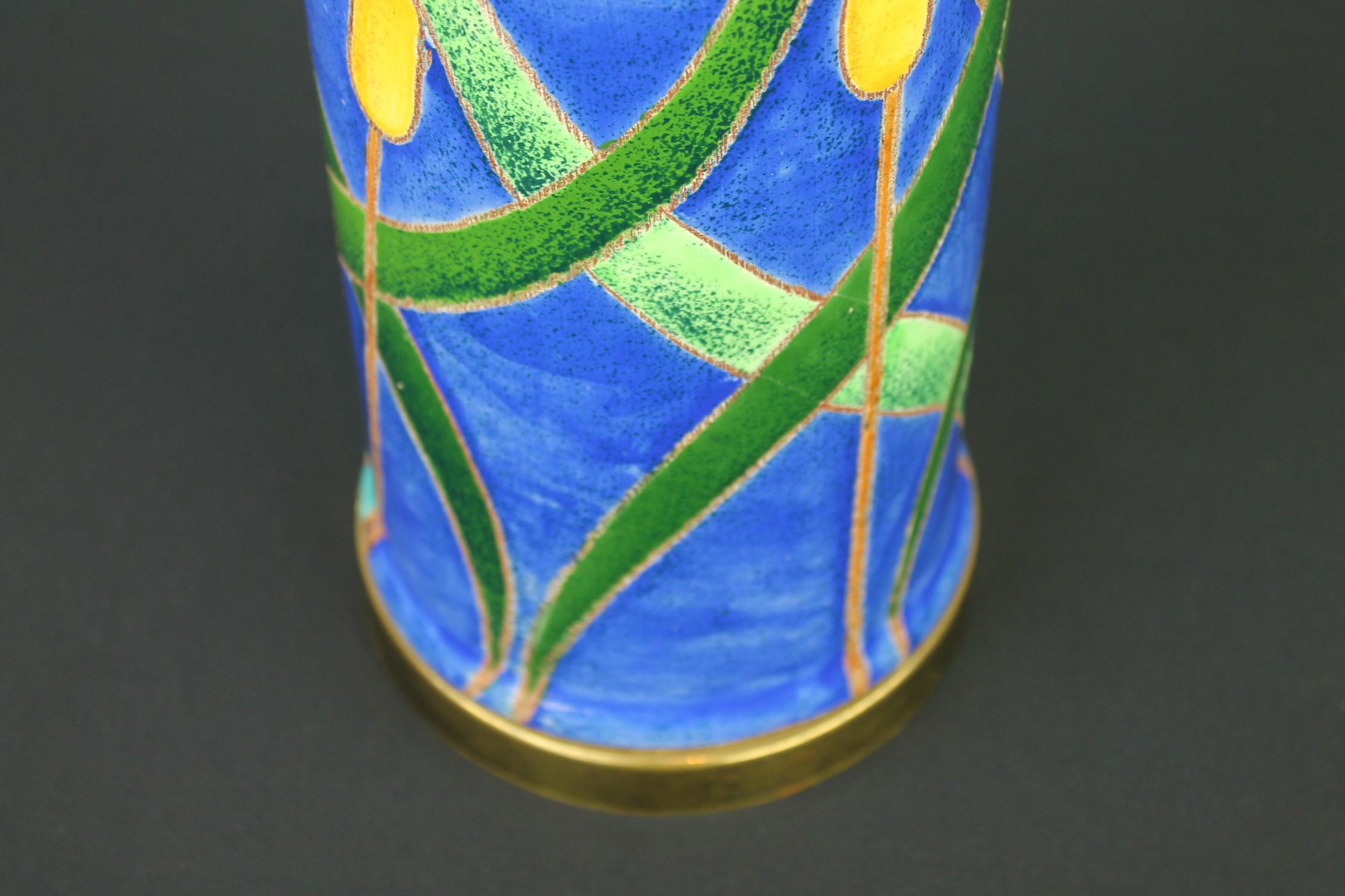 Blue Turquoise Ceramic Table Lamp with Cattail, 1970s For Sale 1