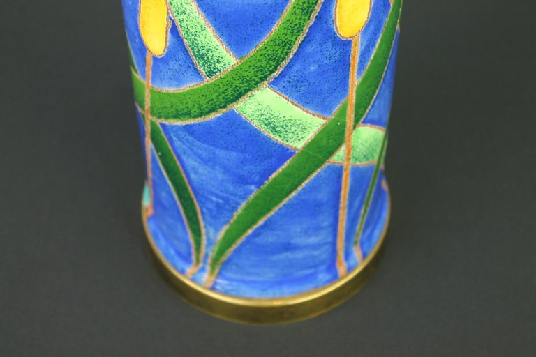 Brass Blue Turquoise Ceramic Table Lamp with Cattail, 1970s For Sale