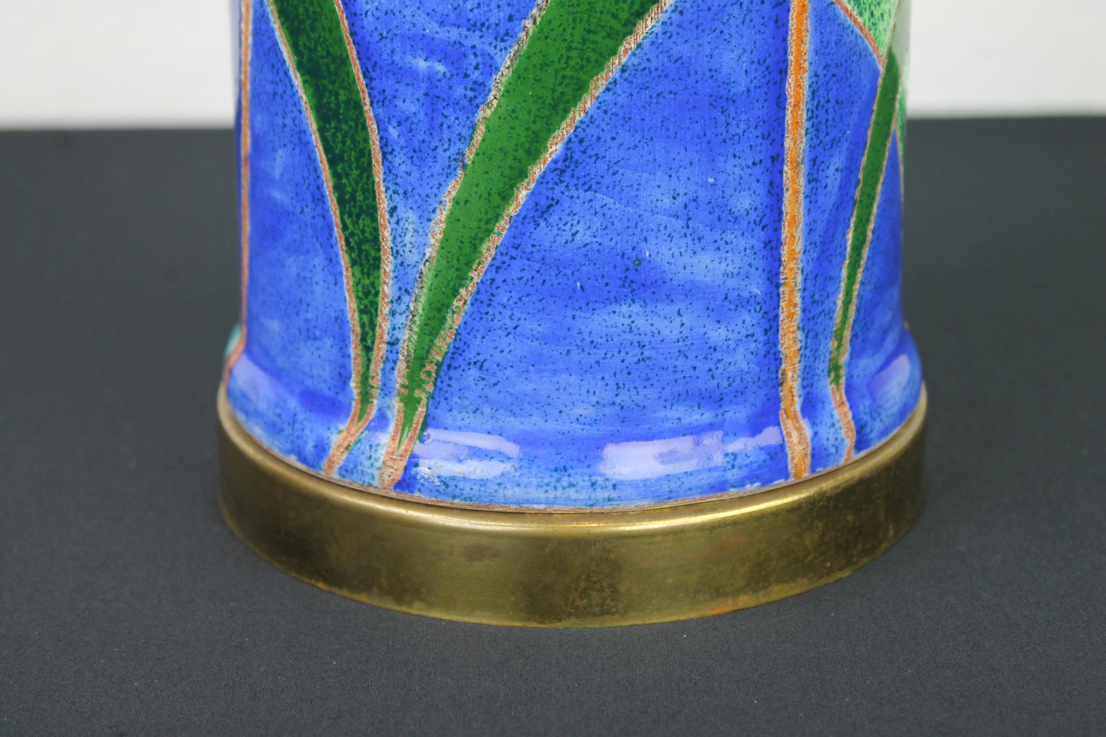 Blue Turquoise Ceramic Table Lamp with Cattail, 1970s For Sale 2