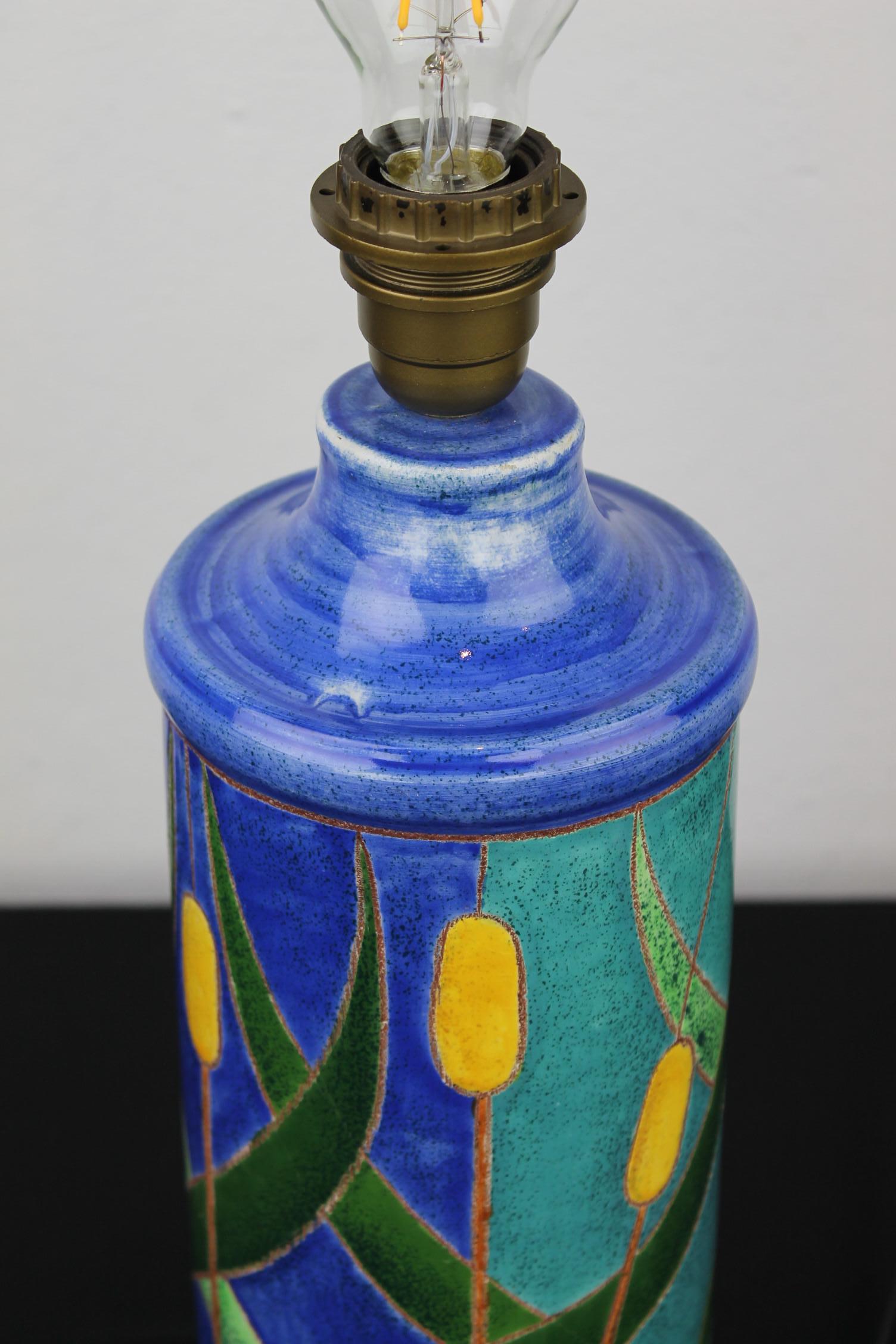 Blue Turquoise Ceramic Table Lamp with Cattail, 1970s For Sale 3
