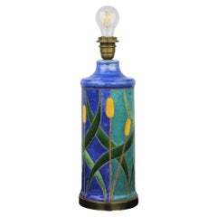 Blue Turquoise Ceramic Table Lamp with Cattail, 1970s