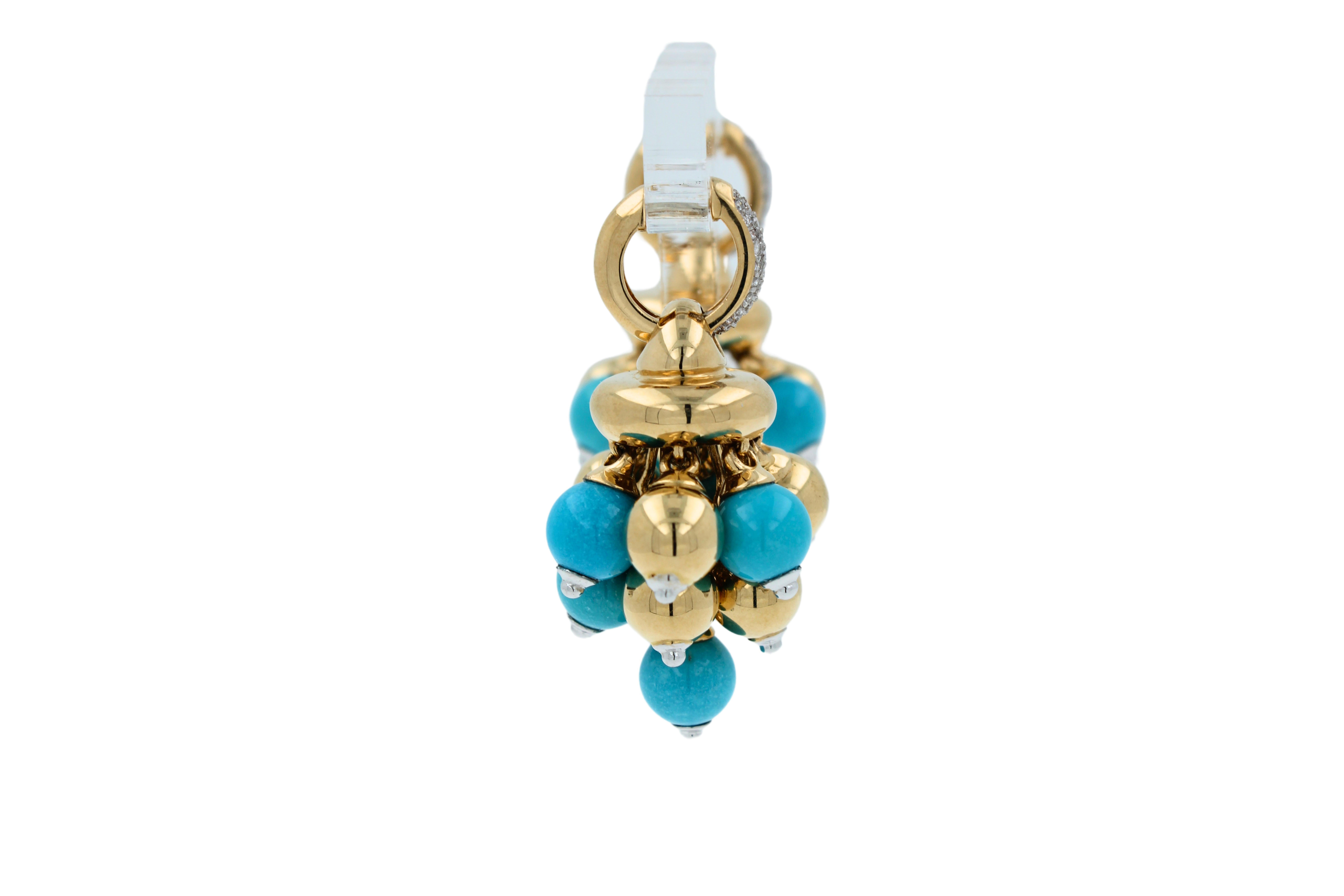 Blue Turquoise Diamonds Golden Sphere Bells Motif Two Tone Gold Huggie Earrings For Sale 4