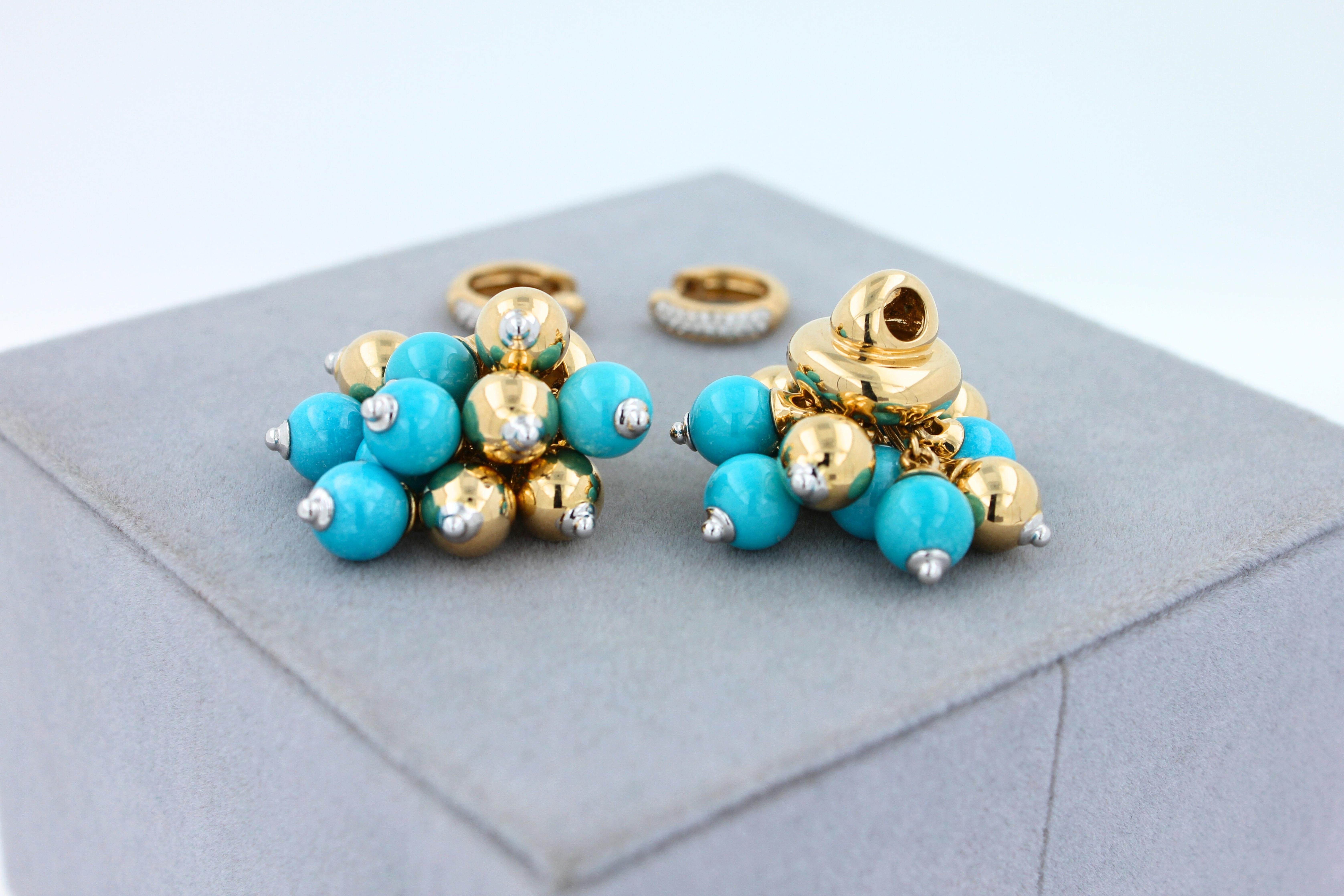 Blue Turquoise Diamonds Golden Sphere Bells Motif Two Tone Gold Huggie Earrings For Sale 5