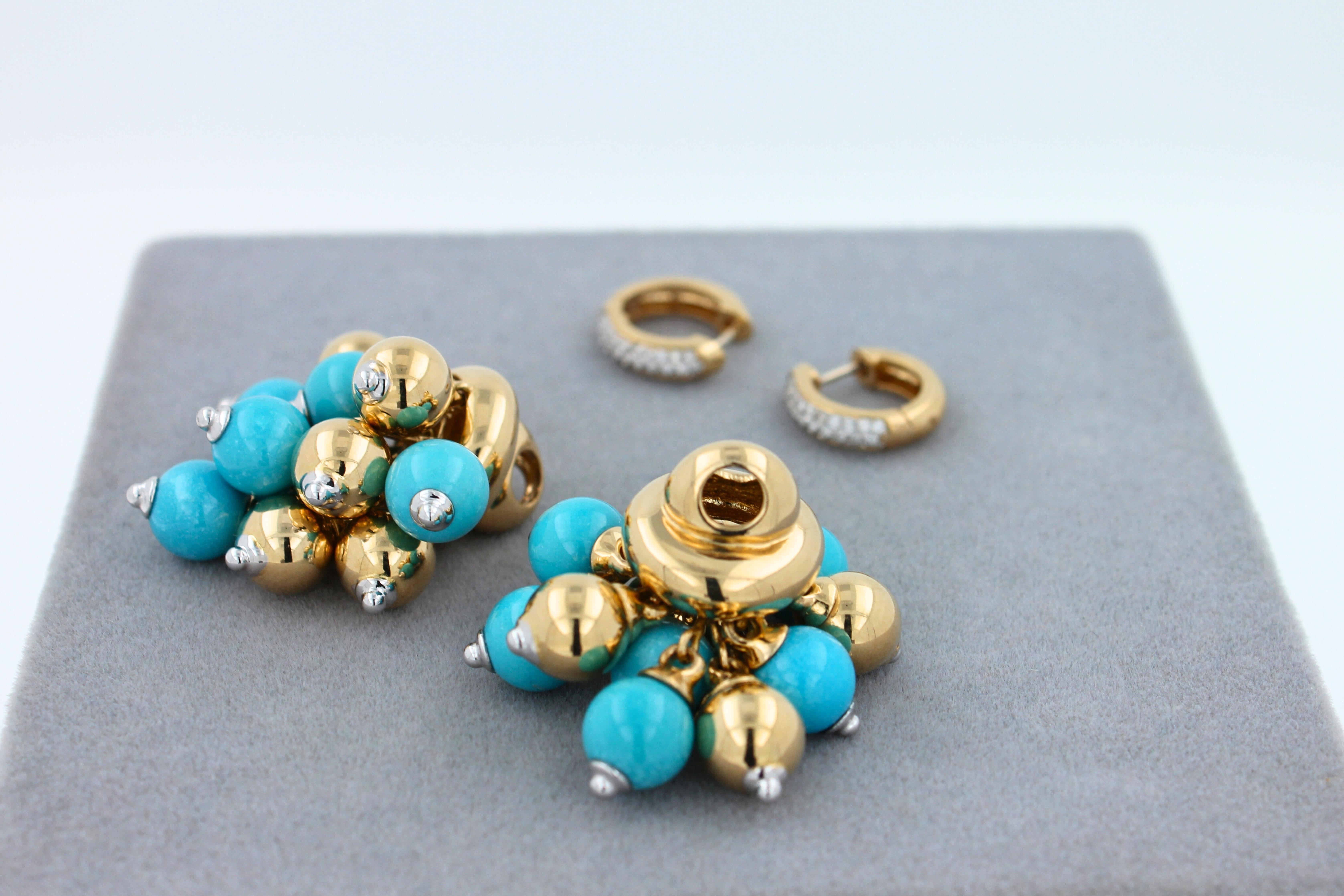 Blue Turquoise Diamonds Golden Sphere Bells Motif Two Tone Gold Huggie Earrings For Sale 6