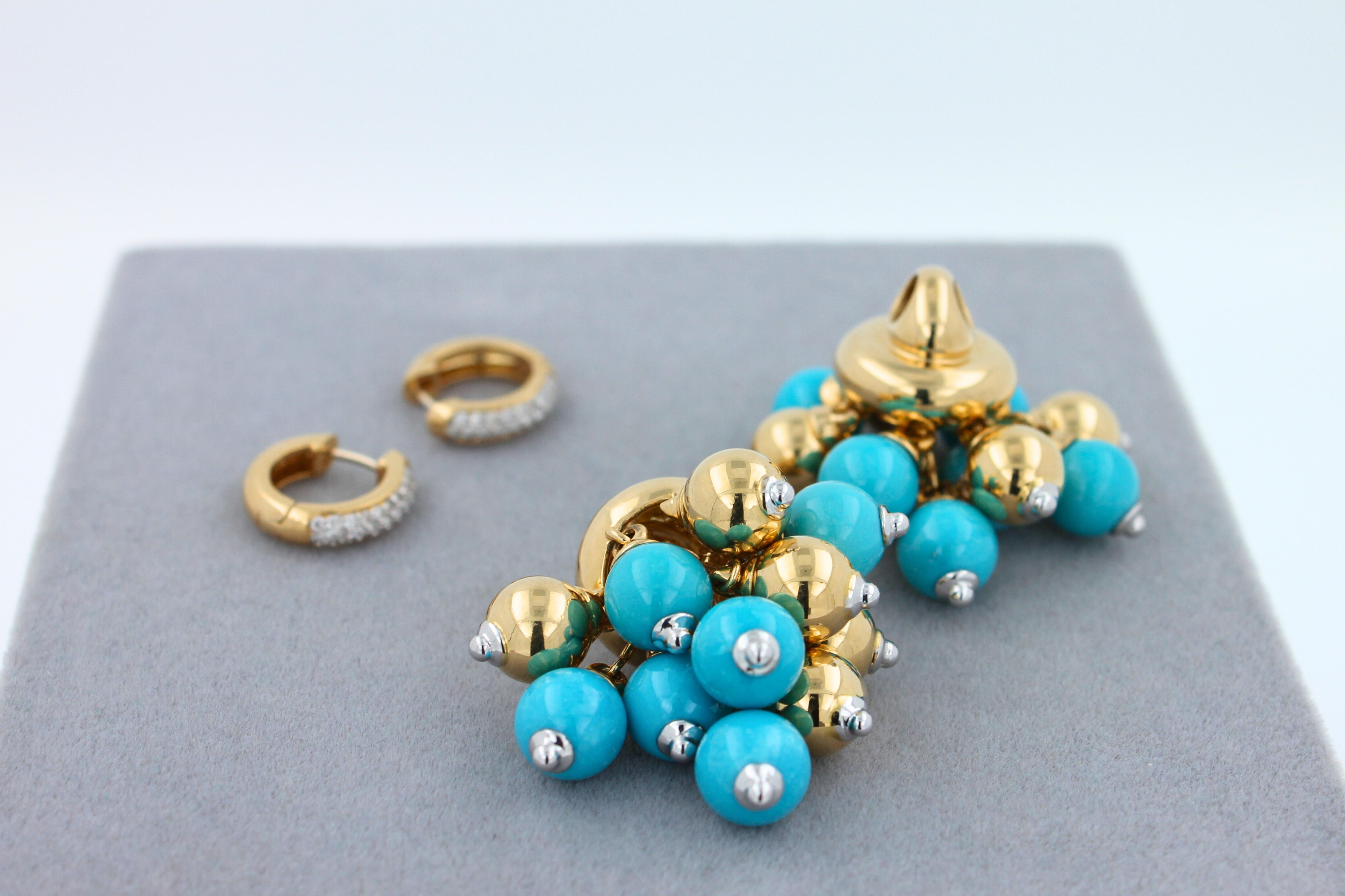 Blue Turquoise Diamonds Golden Sphere Bells Motif Two Tone Gold Huggie Earrings For Sale 7