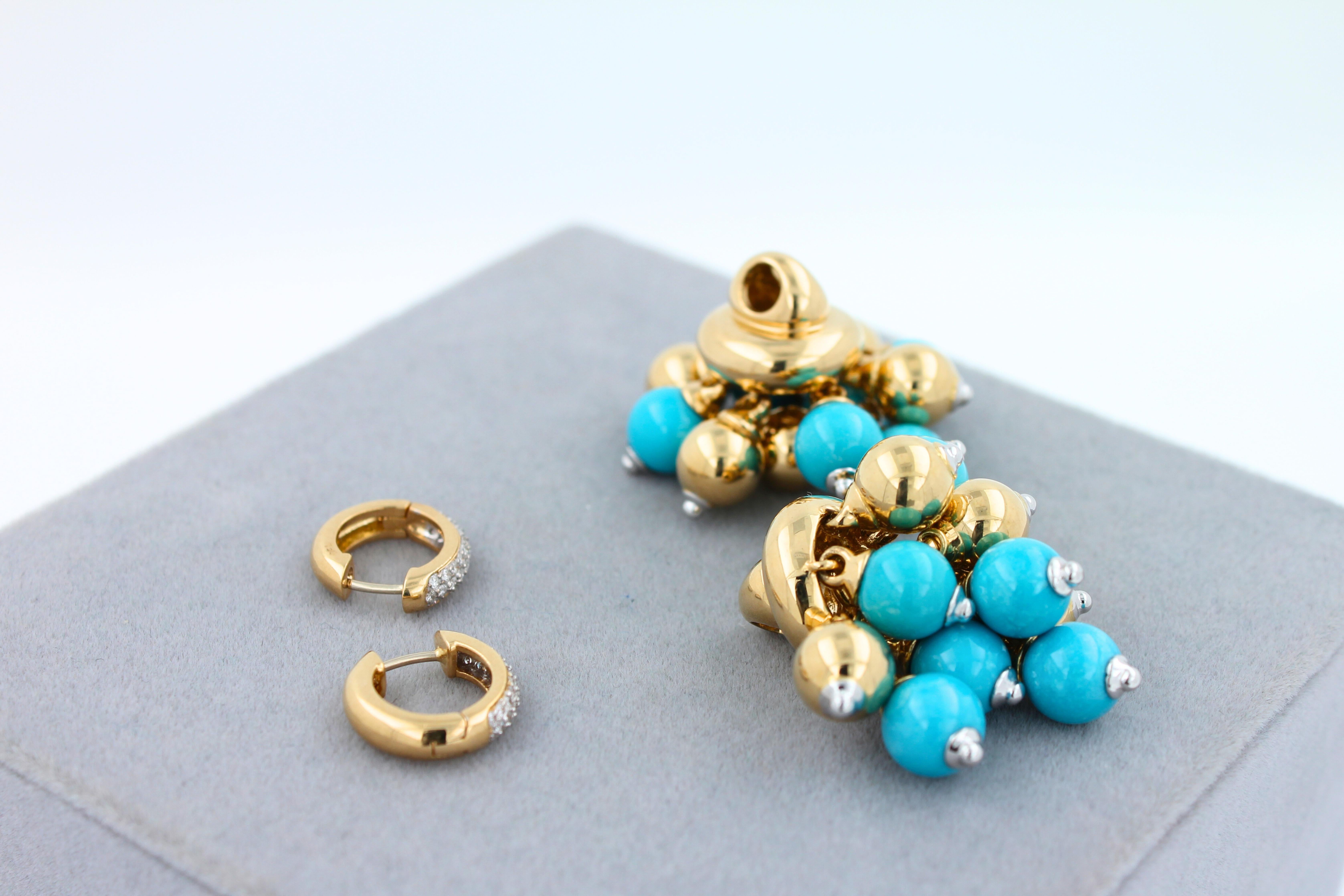 Blue Turquoise Diamonds Golden Sphere Bells Motif Two Tone Gold Huggie Earrings For Sale 8