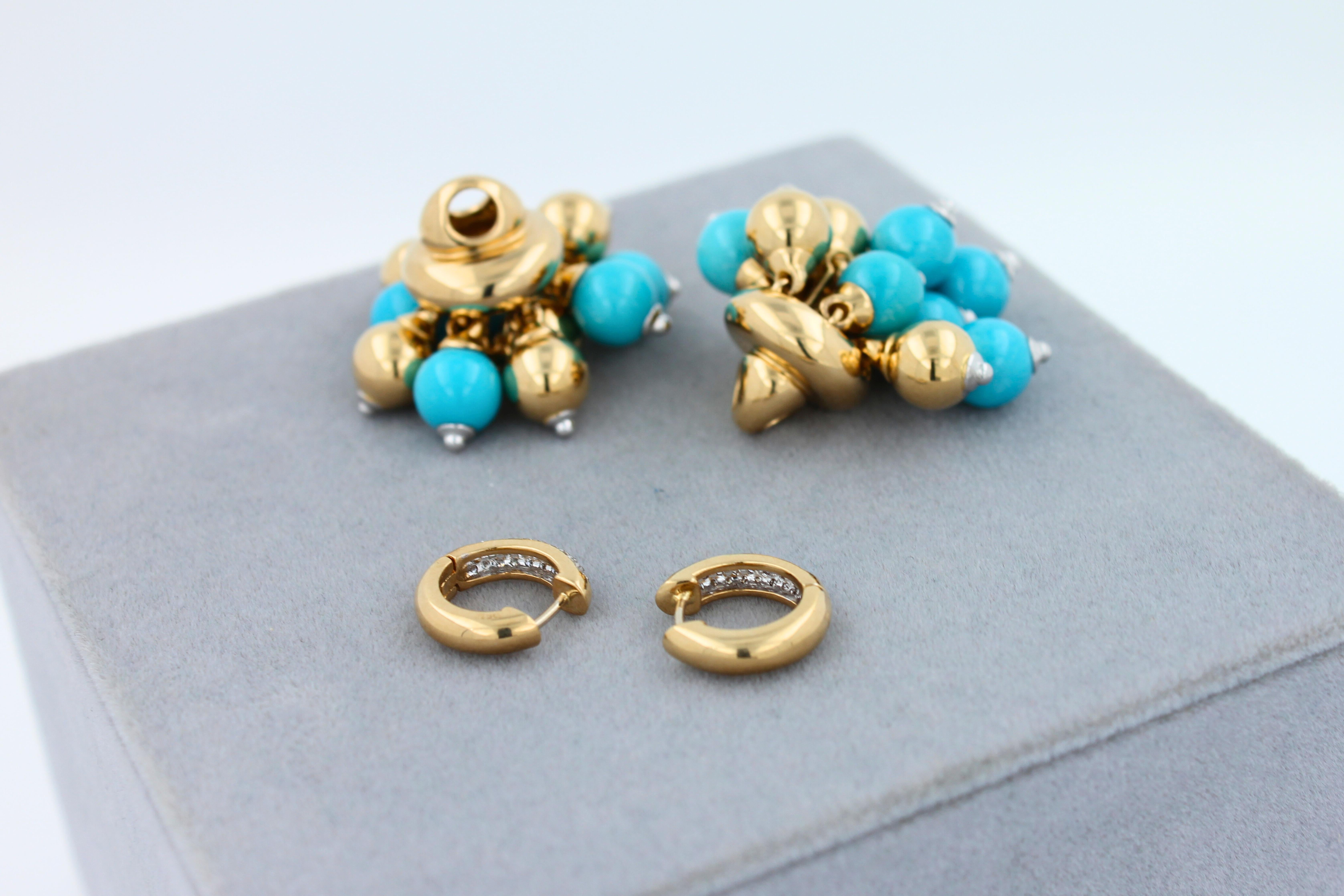 Blue Turquoise Diamonds Golden Sphere Bells Motif Two Tone Gold Huggie Earrings For Sale 9
