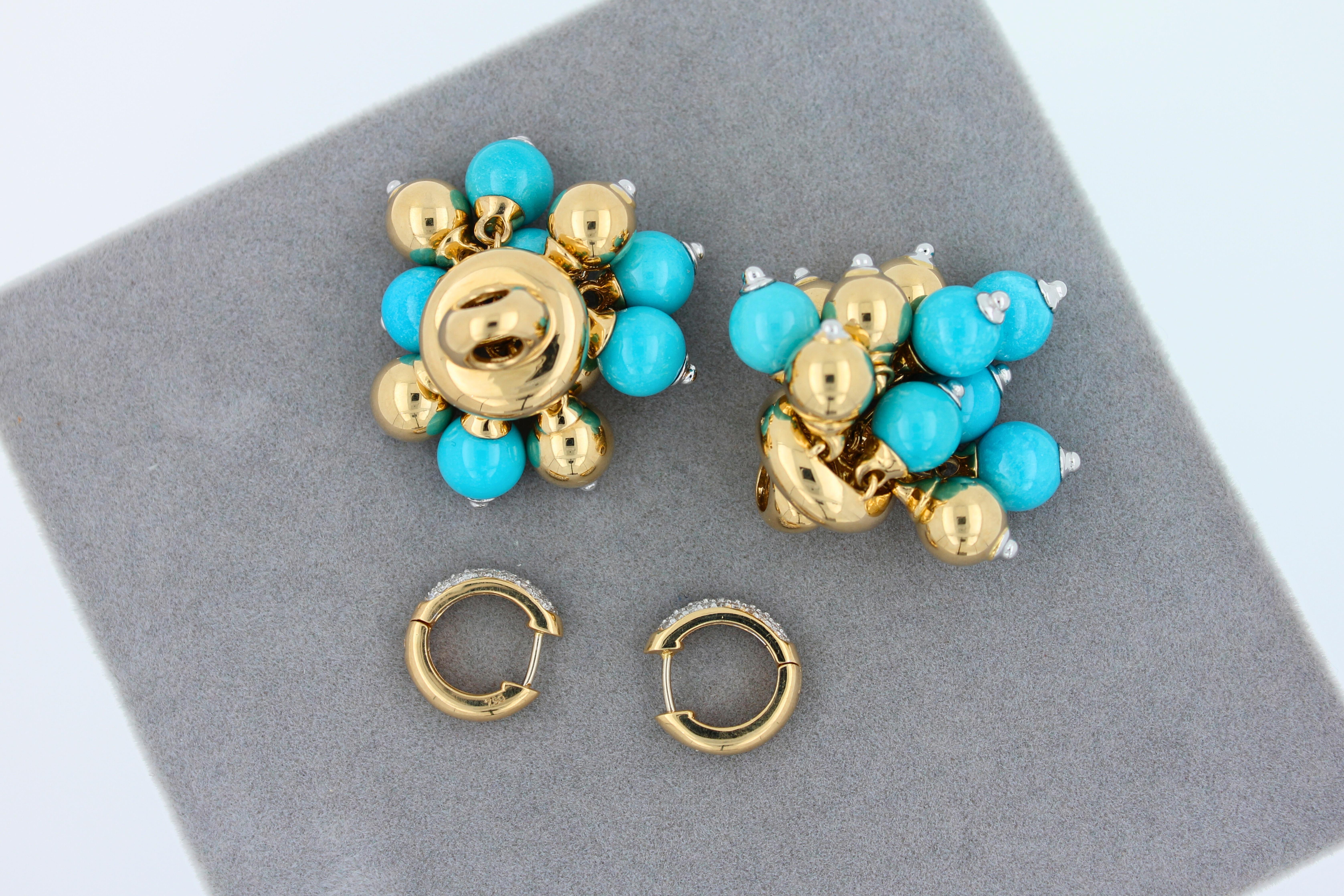 Blue Turquoise Diamonds Golden Sphere Bells Motif Two Tone Gold Huggie Earrings For Sale 10