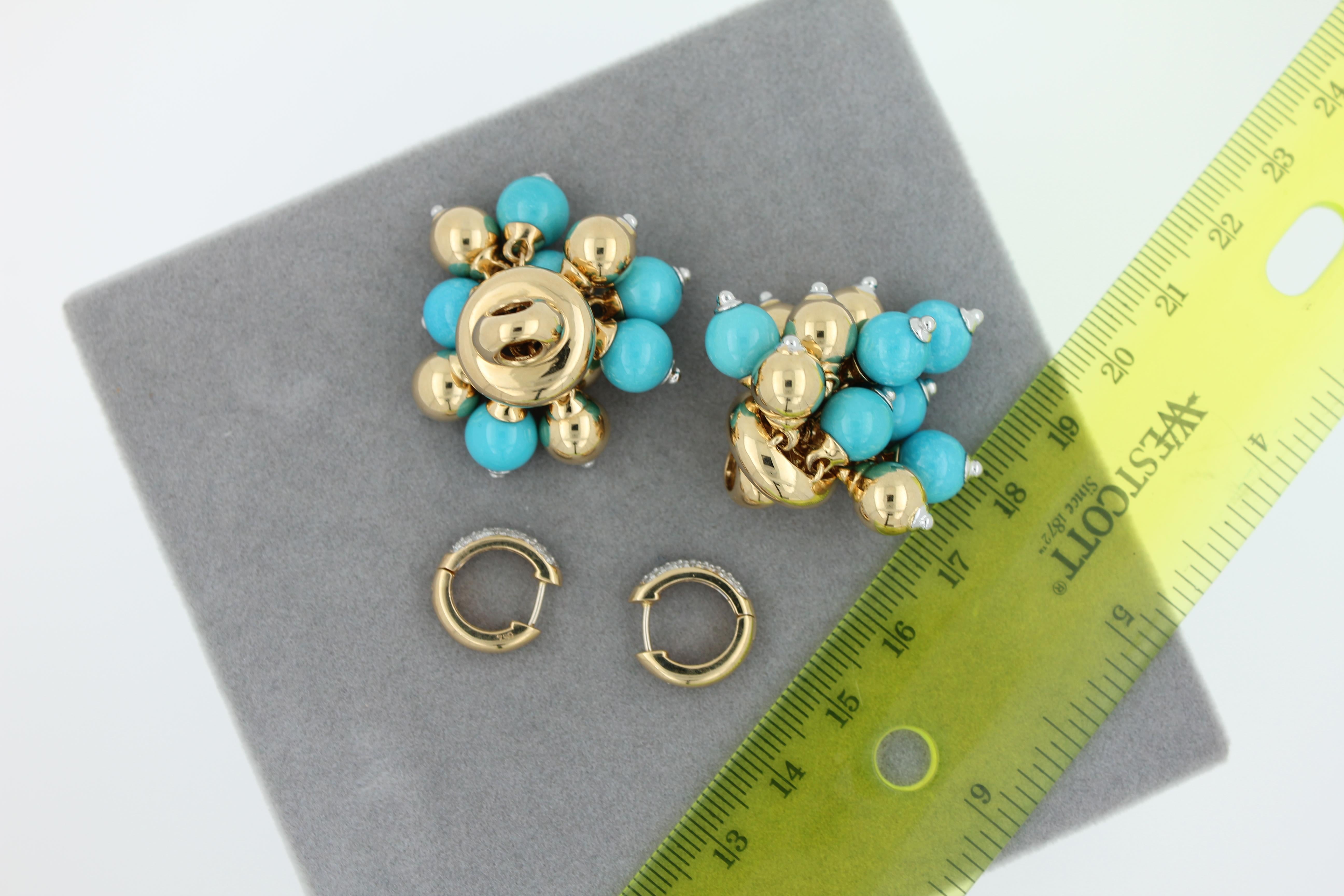 Blue Turquoise Diamonds Golden Sphere Bells Motif Two Tone Gold Huggie Earrings For Sale 11