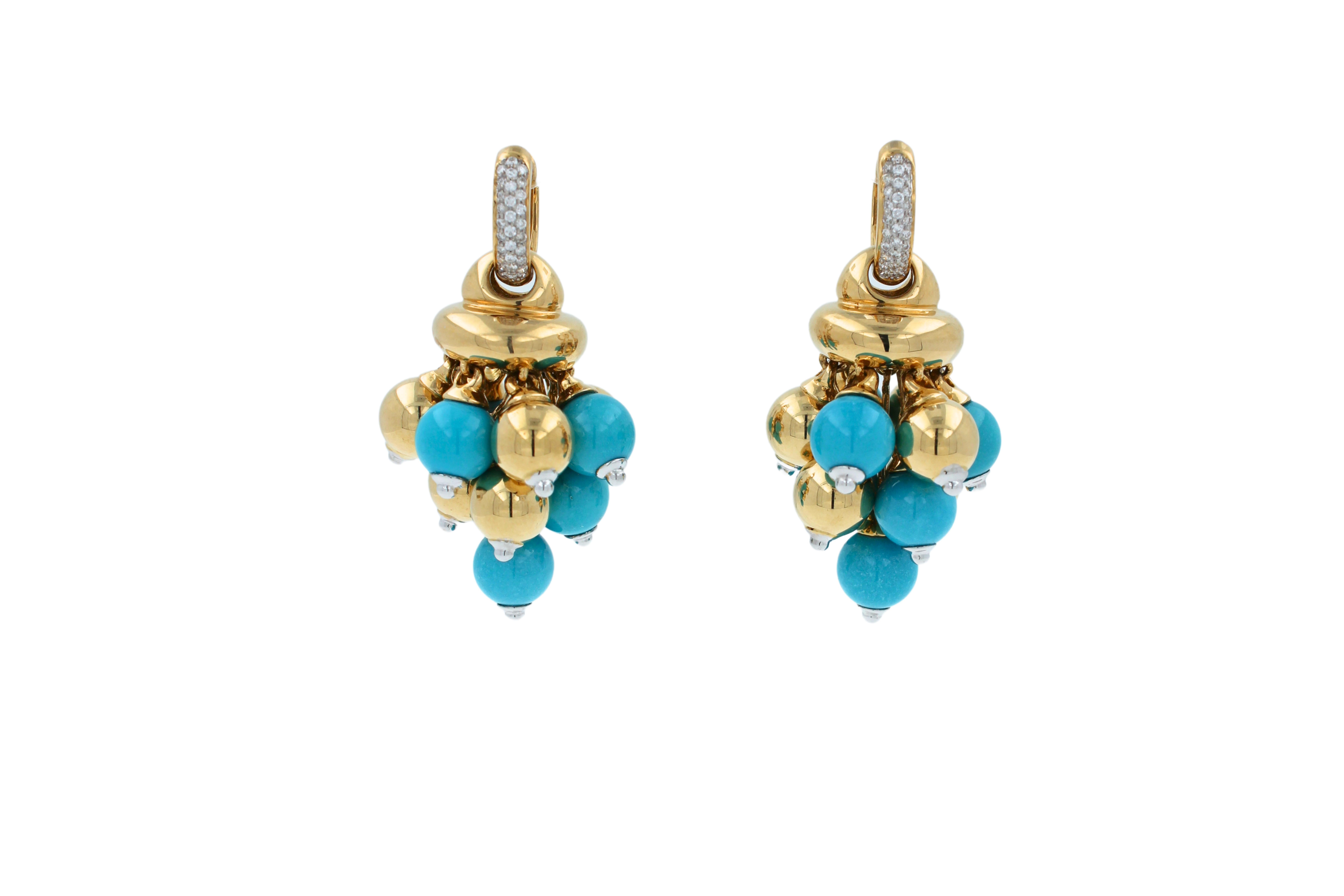 Modern Blue Turquoise Diamonds Golden Sphere Bells Motif Two Tone Gold Huggie Earrings For Sale