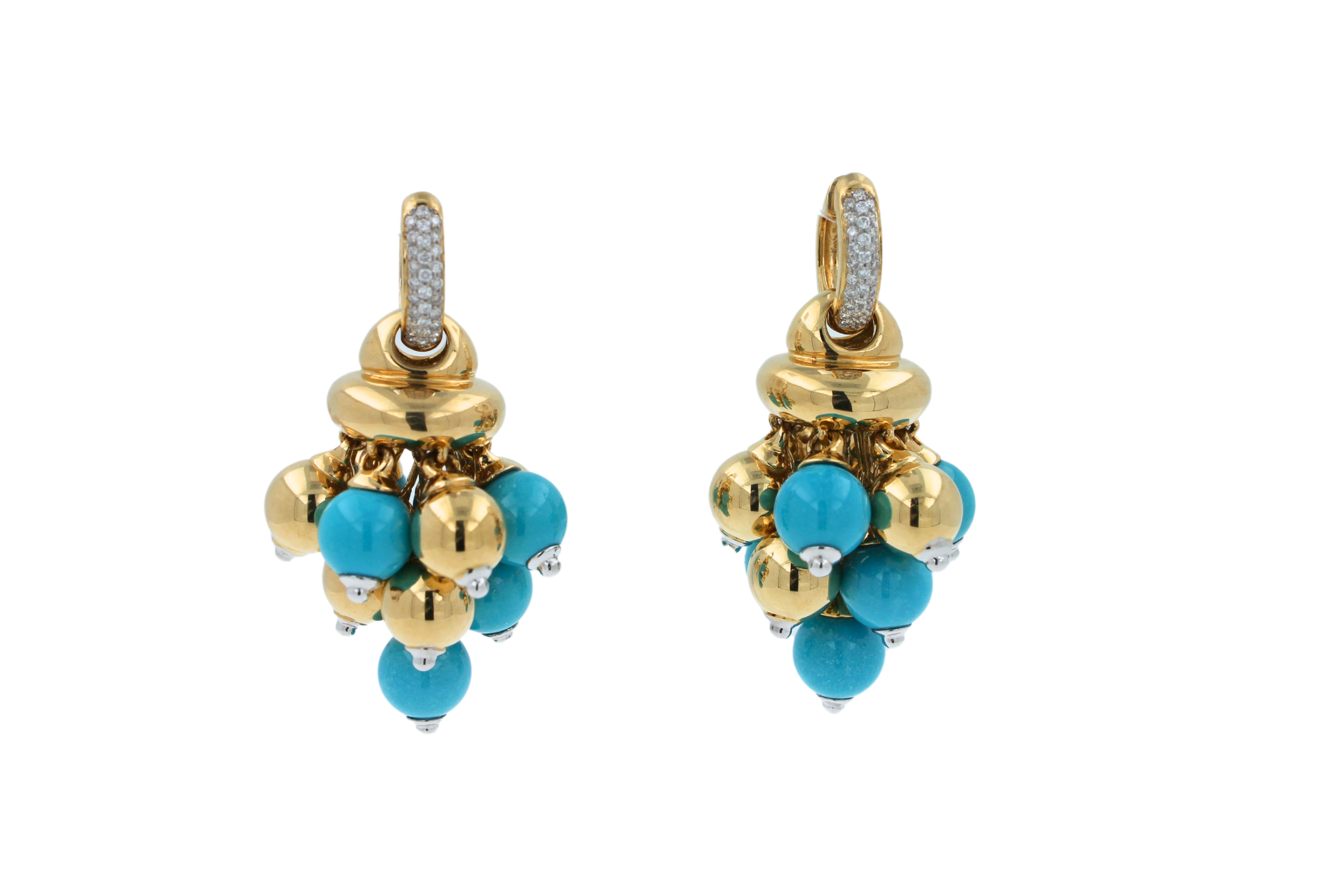 Mixed Cut Blue Turquoise Diamonds Golden Sphere Bells Motif Two Tone Gold Huggie Earrings For Sale