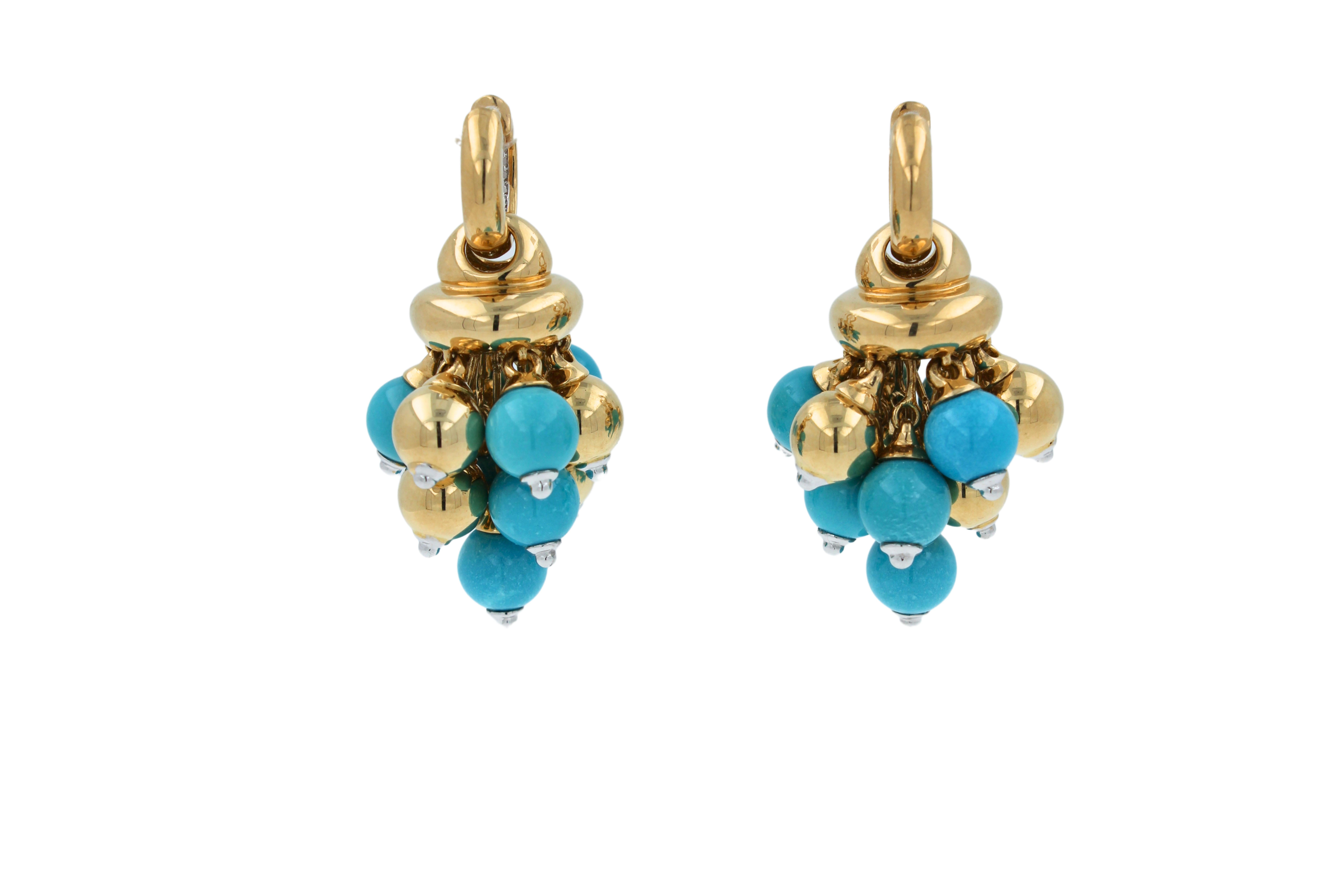 Women's Blue Turquoise Diamonds Golden Sphere Bells Motif Two Tone Gold Huggie Earrings For Sale