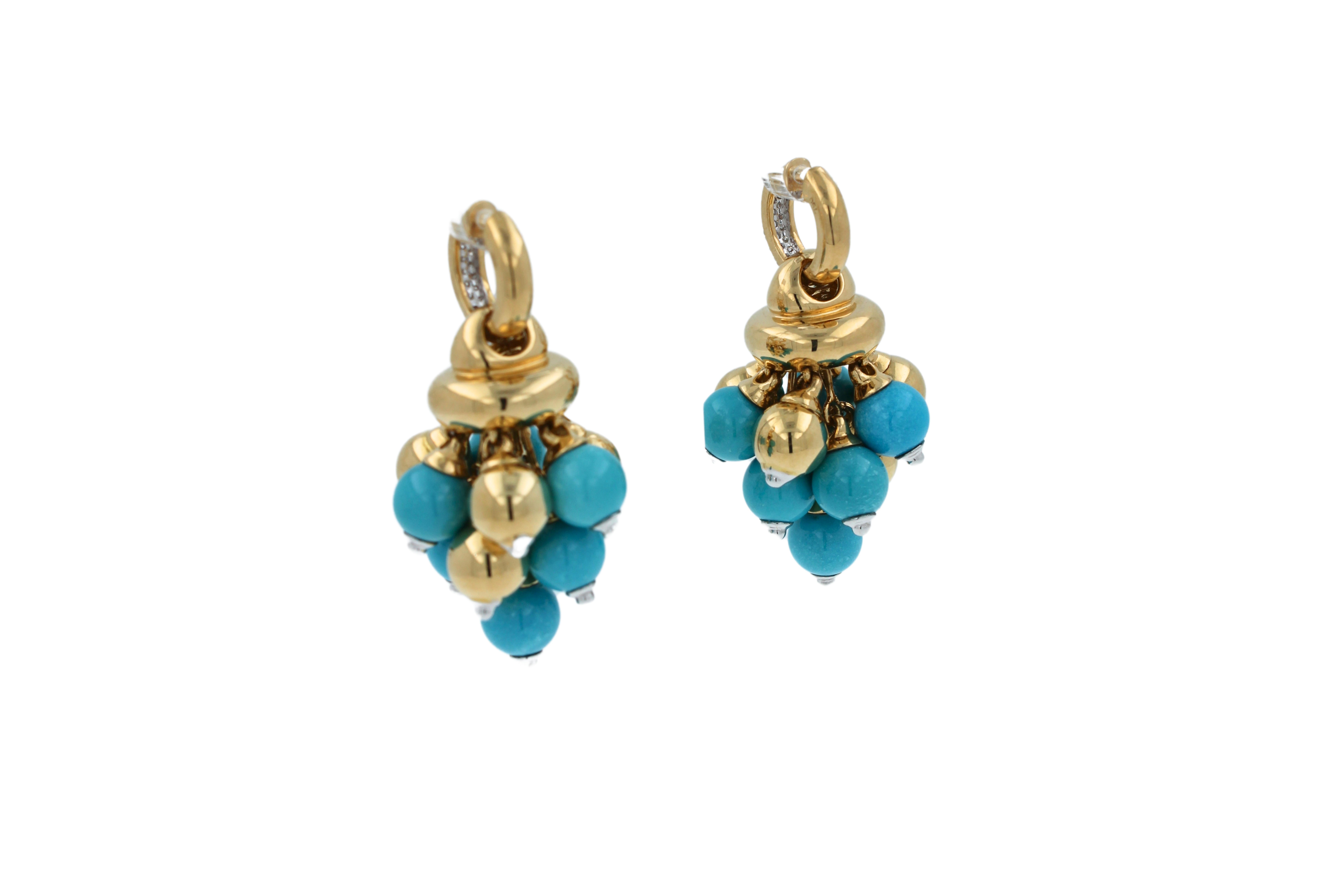 Blue Turquoise Diamonds Golden Sphere Bells Motif Two Tone Gold Huggie Earrings For Sale 1