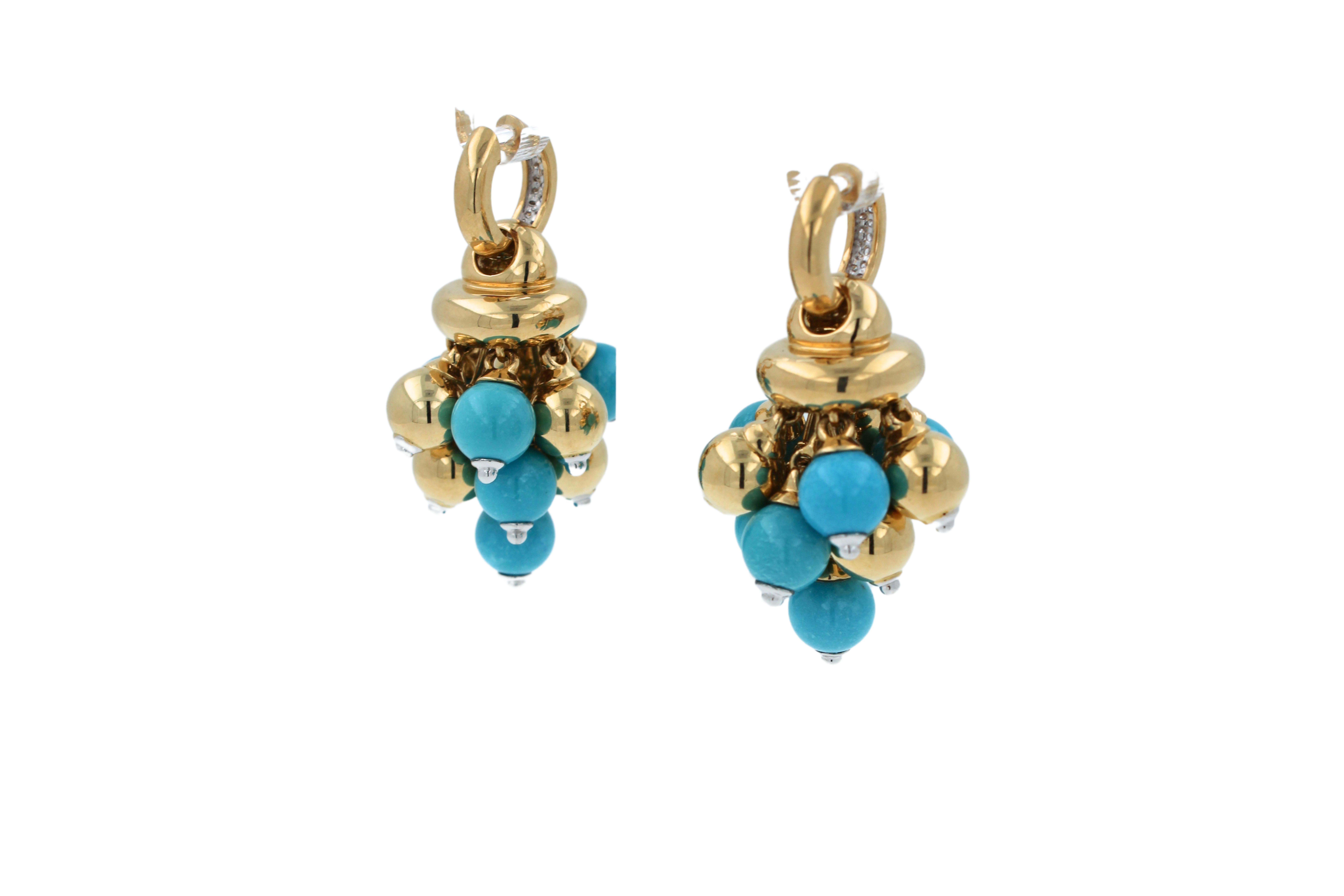 Blue Turquoise Diamonds Golden Sphere Bells Motif Two Tone Gold Huggie Earrings For Sale 2