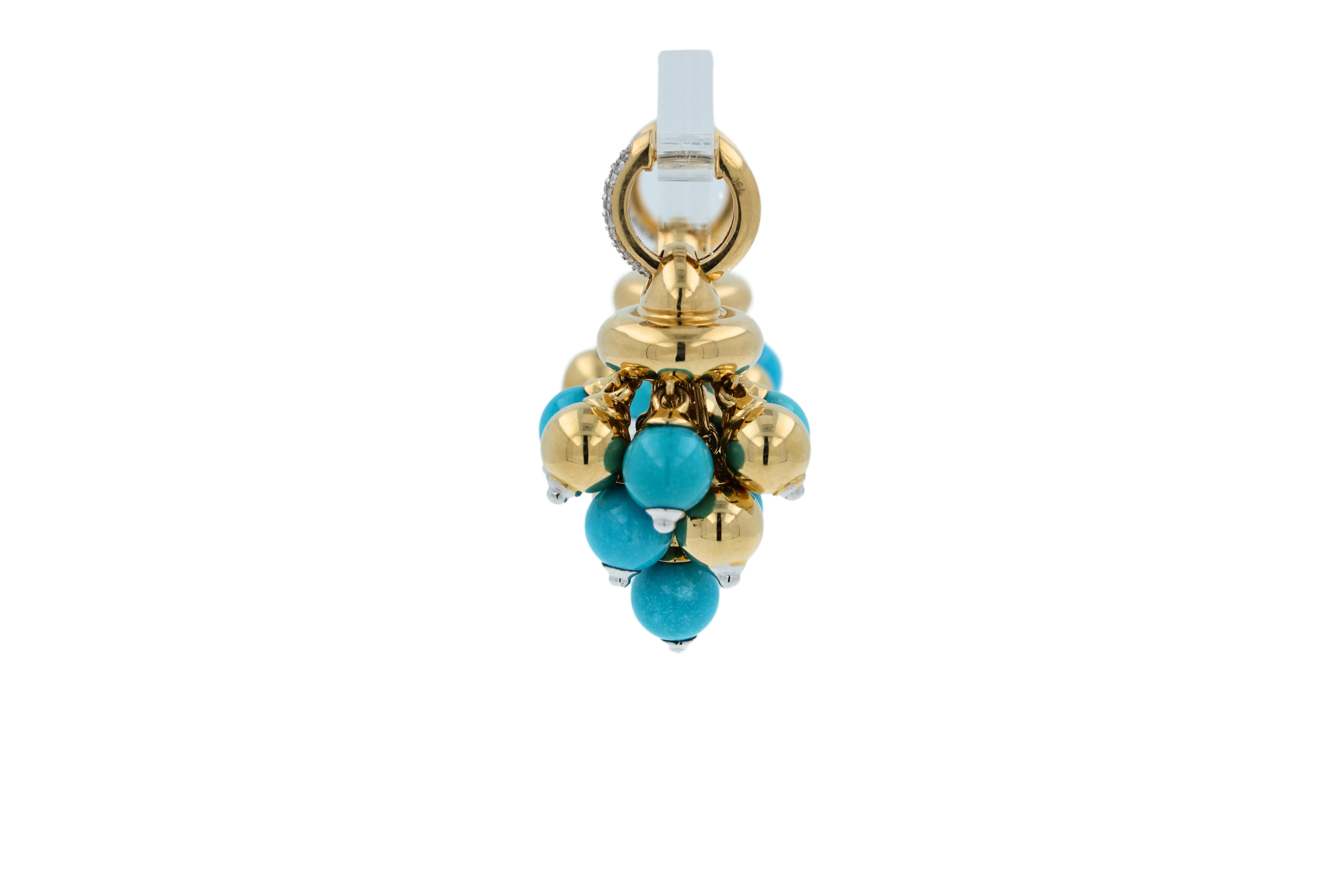 Blue Turquoise Diamonds Golden Sphere Bells Motif Two Tone Gold Huggie Earrings For Sale 3