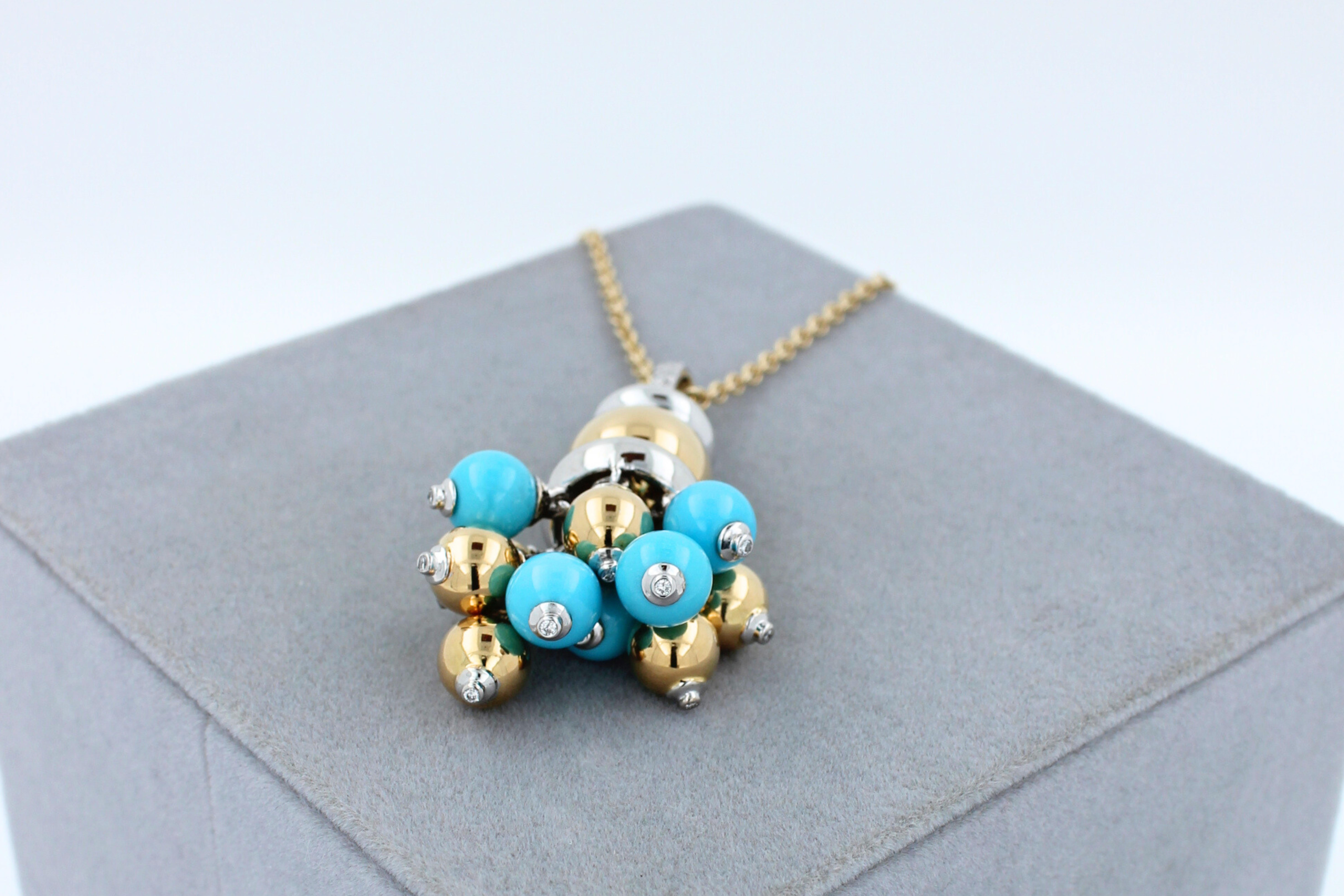 Blue Turquoise Diamonds Golden Sphere Bells Motif Two Tone Gold Pendant Necklace For Sale 4