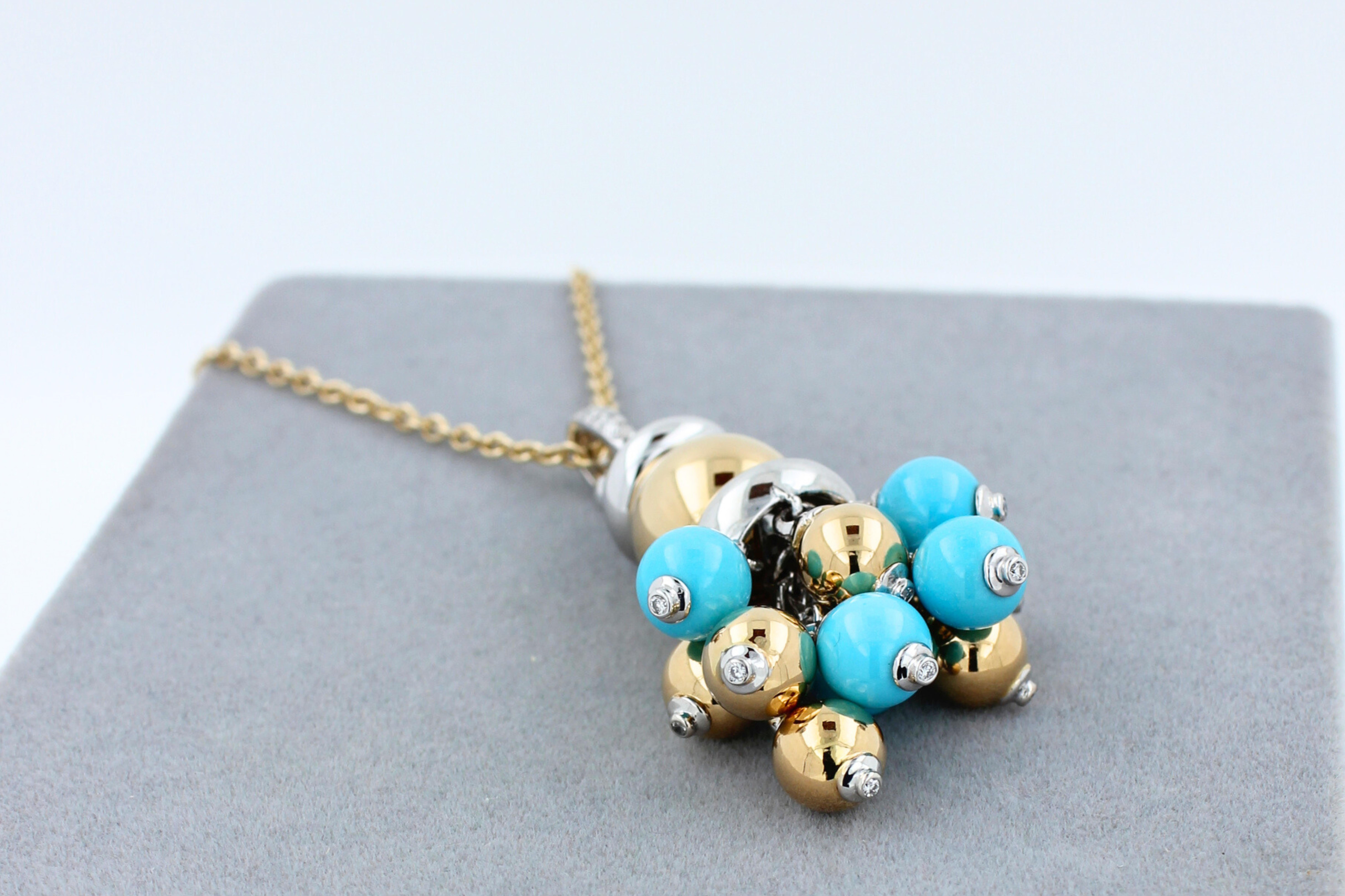 Blue Turquoise Diamonds Golden Sphere Bells Motif Two Tone Gold Pendant Necklace For Sale 5