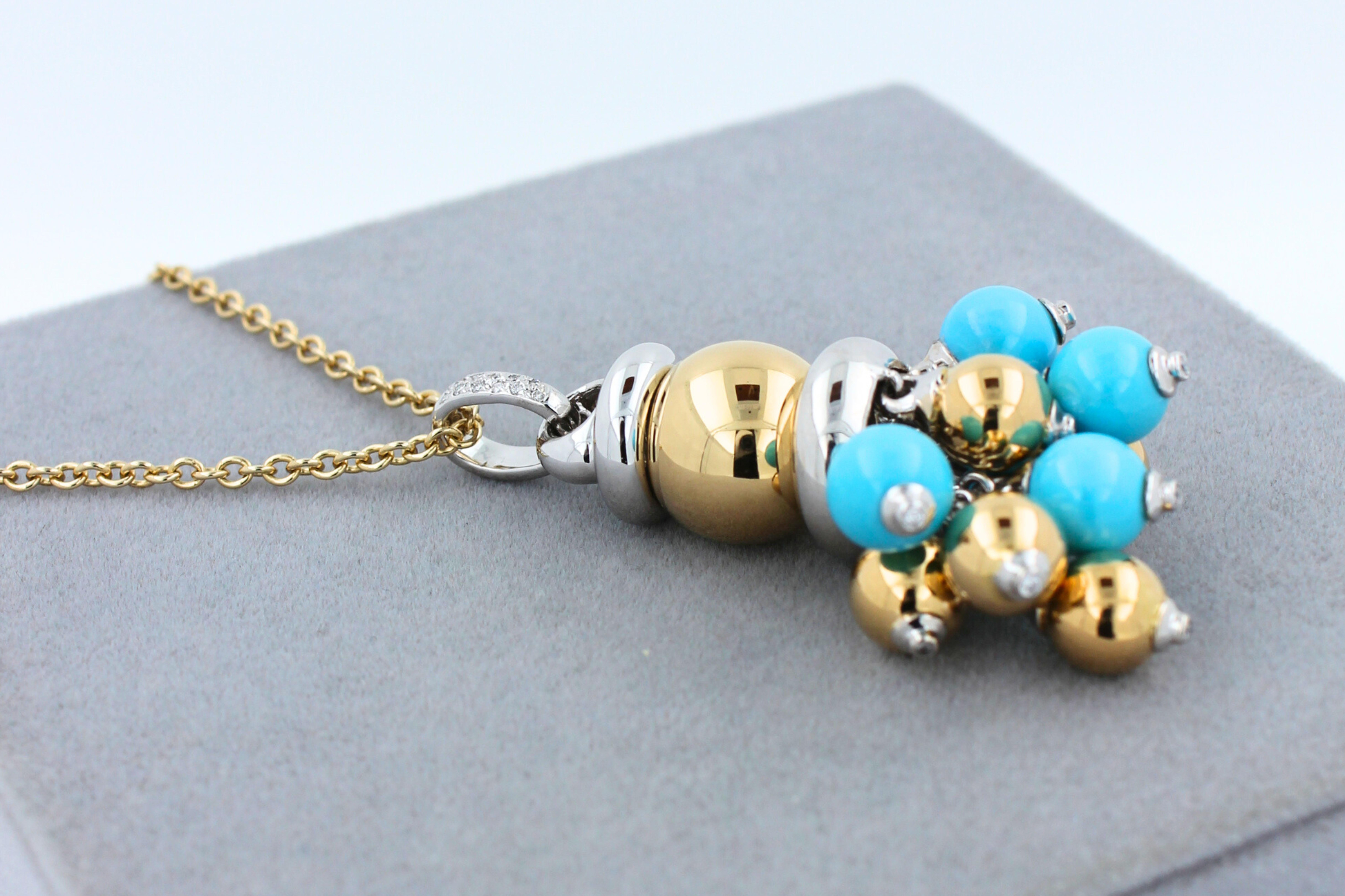 Blue Turquoise Diamonds Golden Sphere Bells Motif Two Tone Gold Pendant Necklace For Sale 6