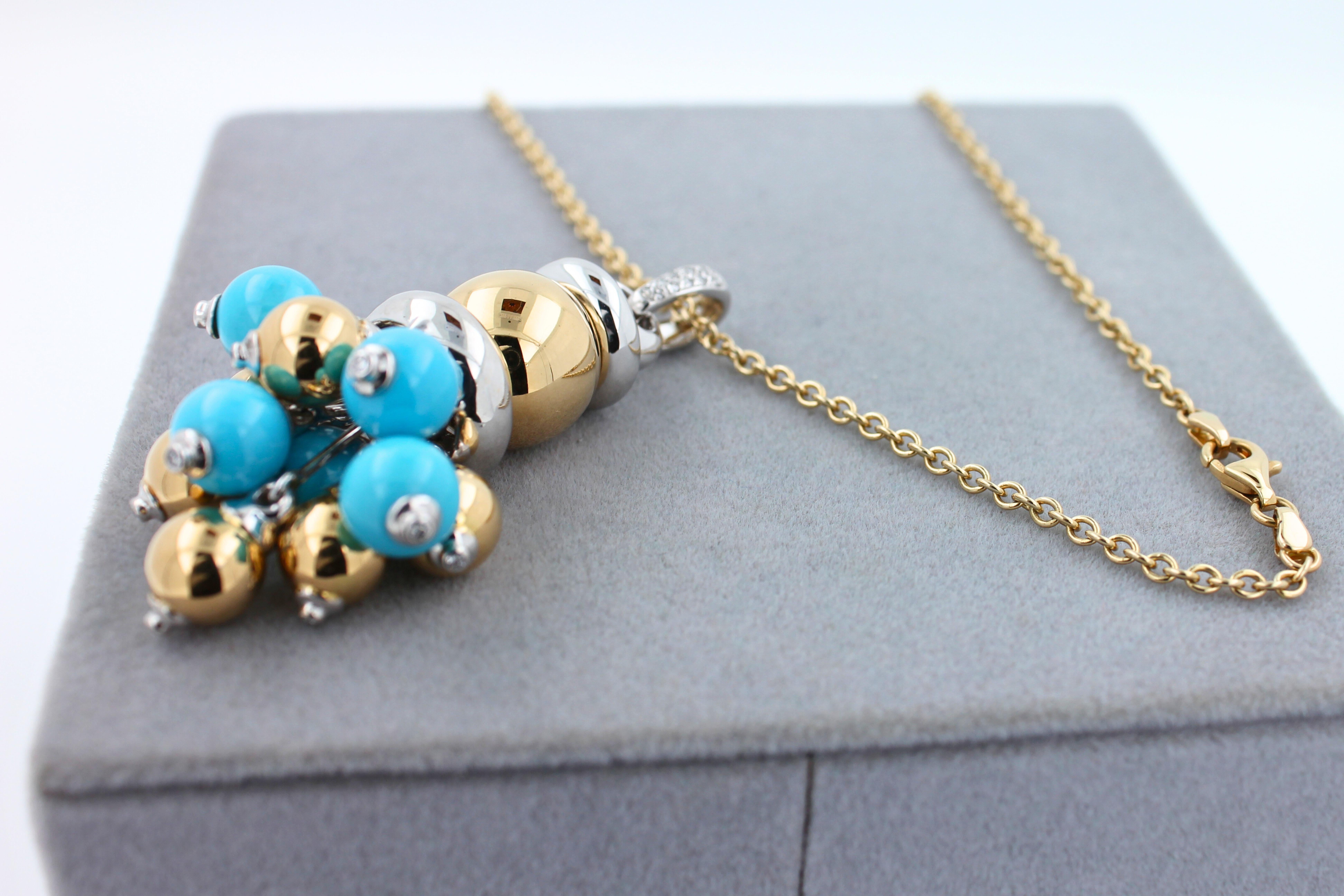 Blue Turquoise Diamonds Golden Sphere Bells Motif Two Tone Gold Pendant Necklace For Sale 7