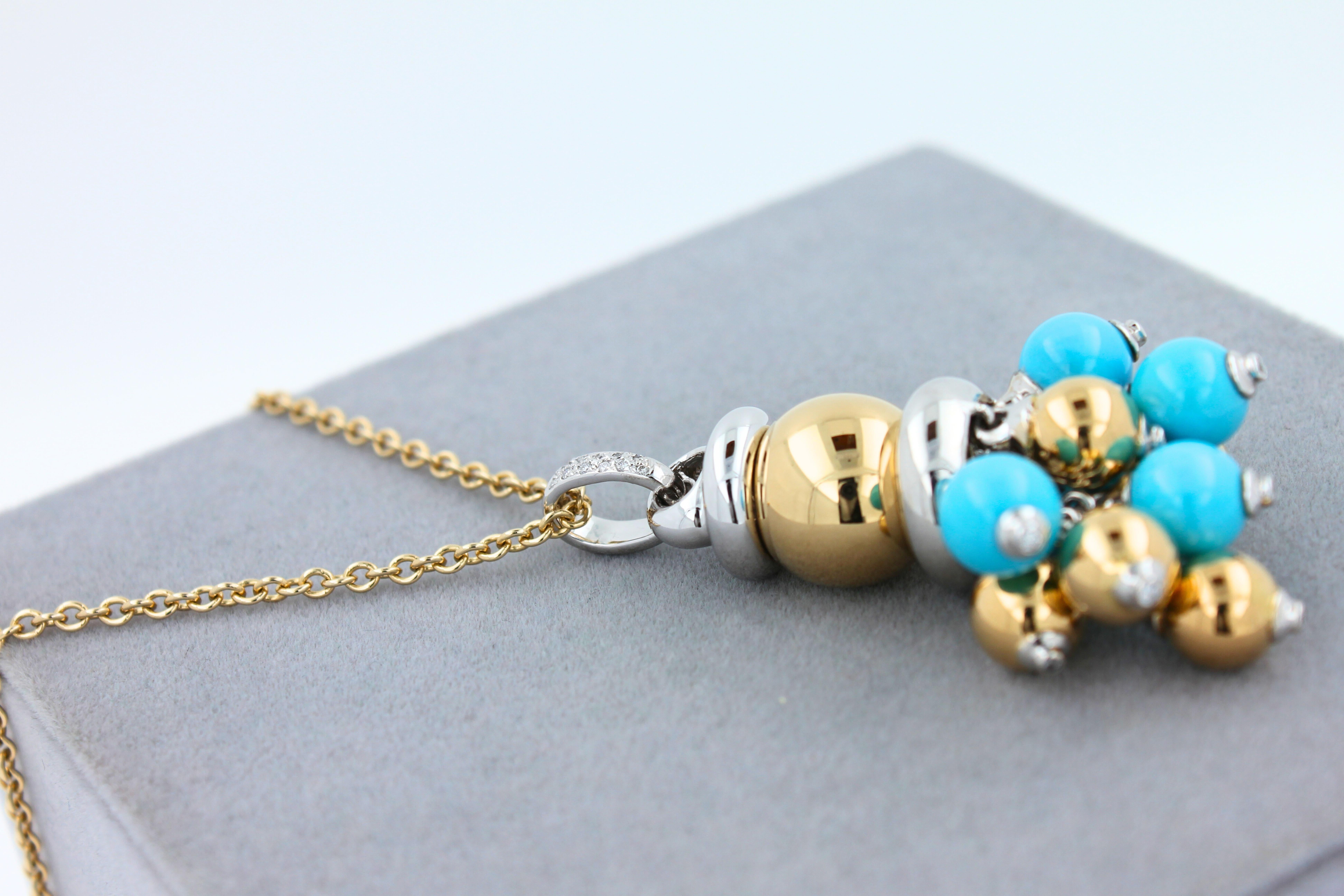 Blue Turquoise Diamonds Golden Sphere Bells Motif Two Tone Gold Pendant Necklace For Sale 8