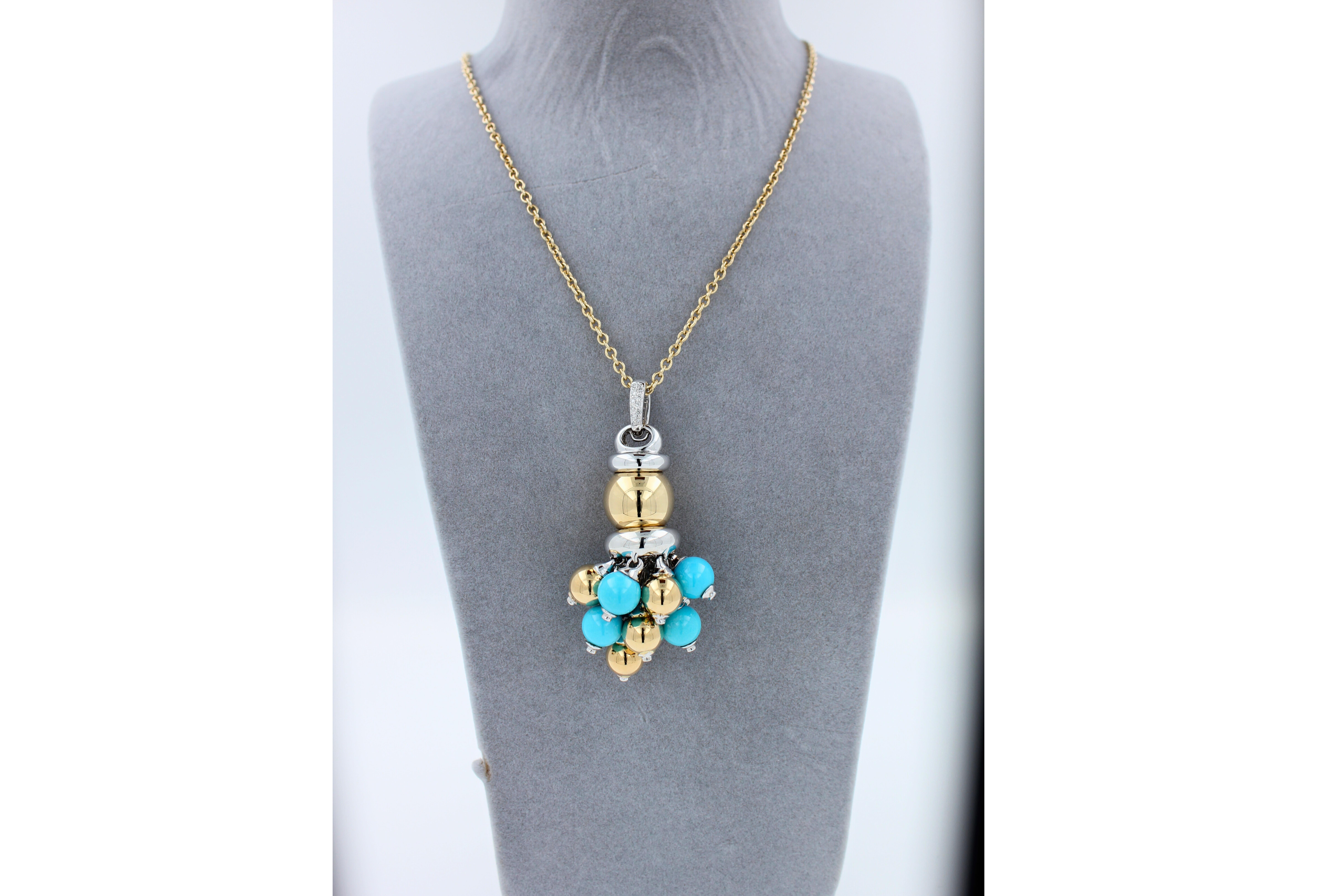 Modern Blue Turquoise Diamonds Golden Sphere Bells Motif Two Tone Gold Pendant Necklace For Sale