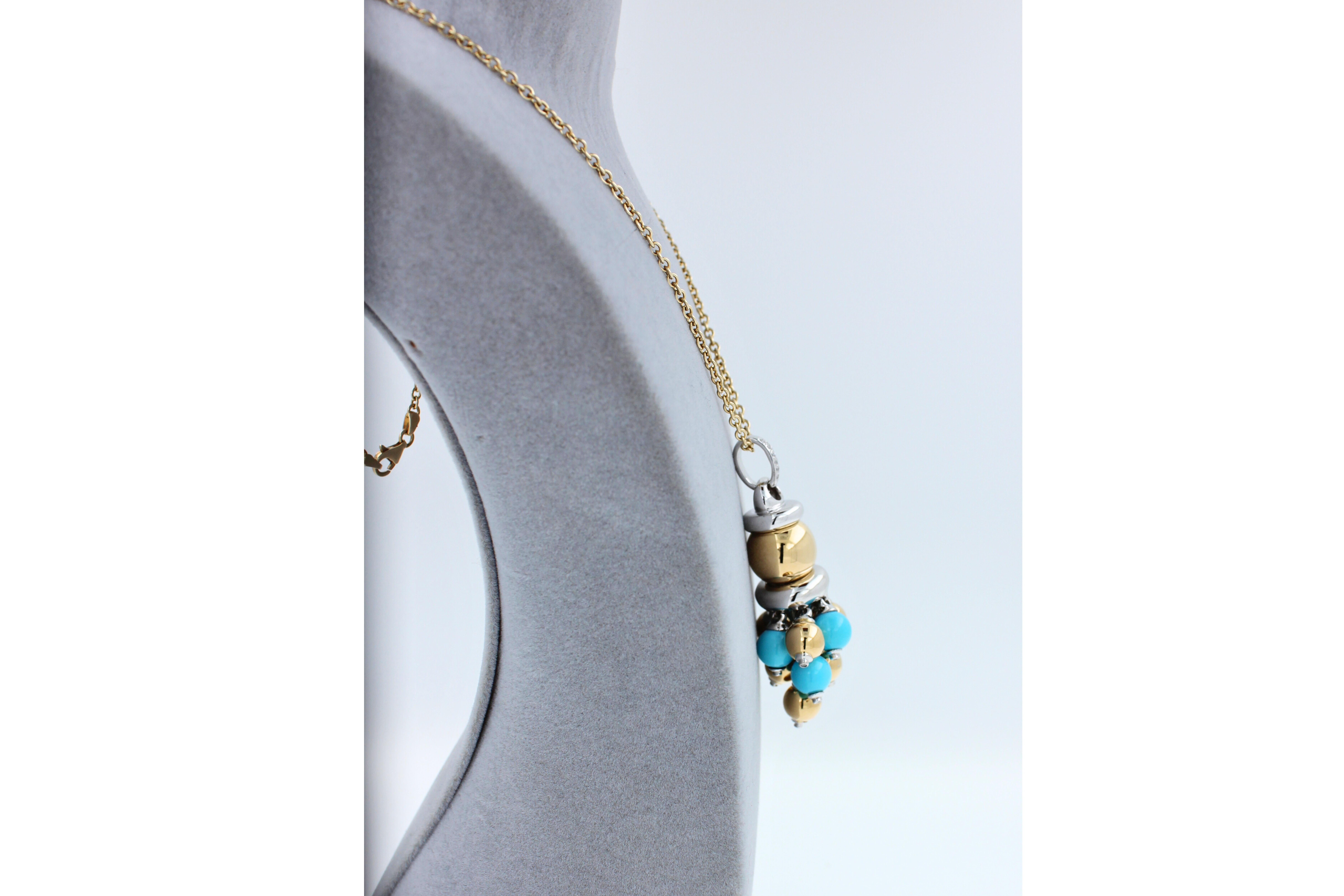 Women's Blue Turquoise Diamonds Golden Sphere Bells Motif Two Tone Gold Pendant Necklace For Sale